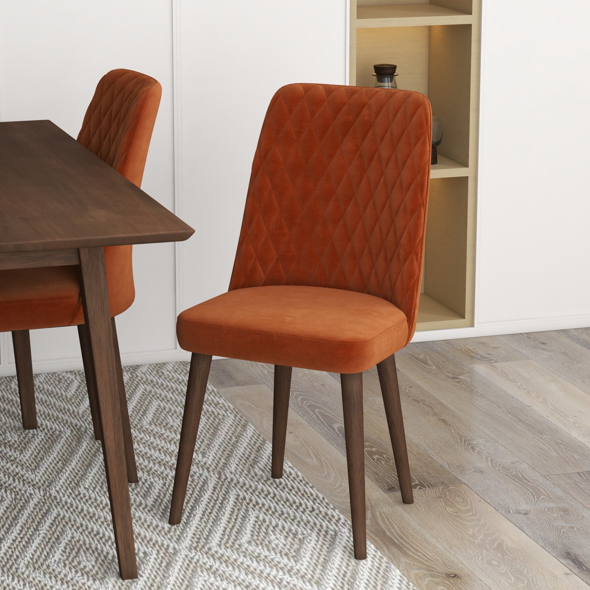 Adira Small Walnut Dining Set with 4 Evette Burnt Orange Velvet Dining Chairs