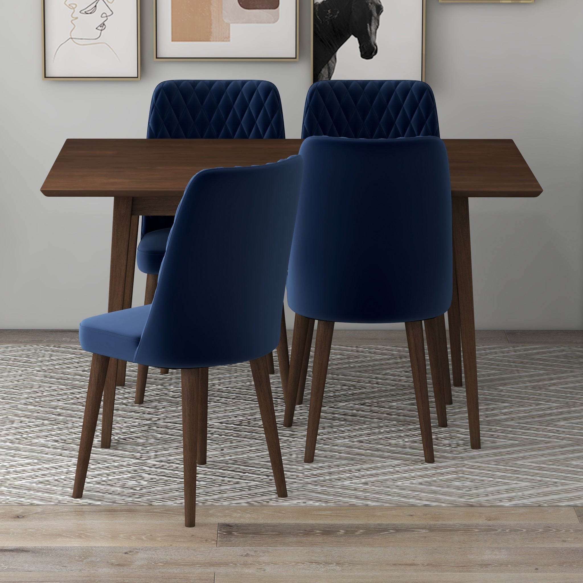 Adira Small Walnut Dining Set with 4 Evette Blue Velvet Dining Chairs