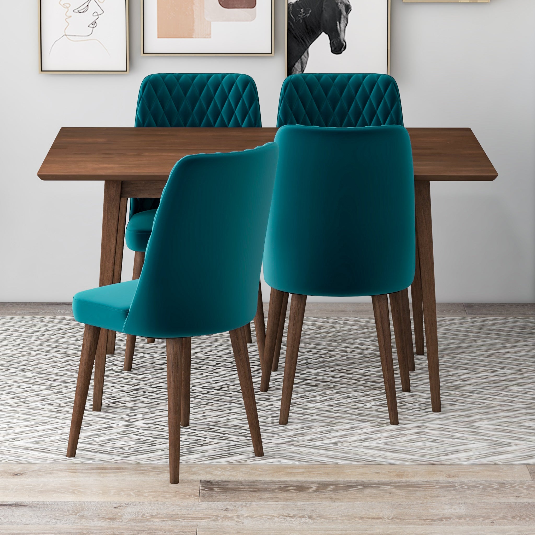 Adira Small Walnut Dining Set with 4 Evette Teal Velvet Dining Chairs