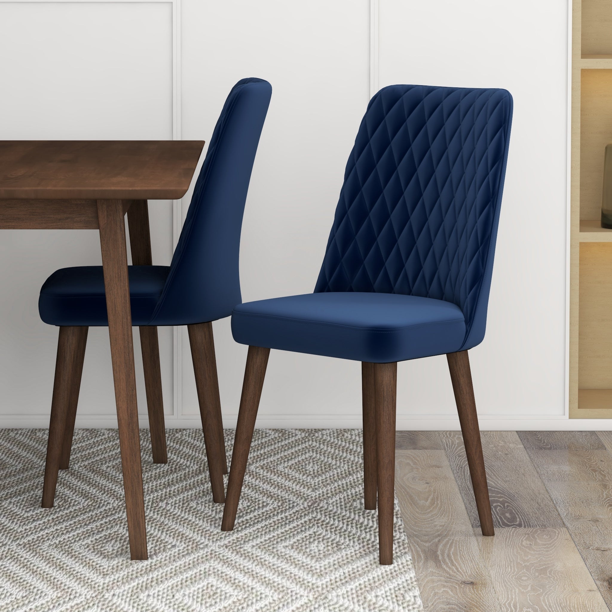 Adira Small Walnut Dining Set with 4 Evette Blue Velvet Dining Chairs