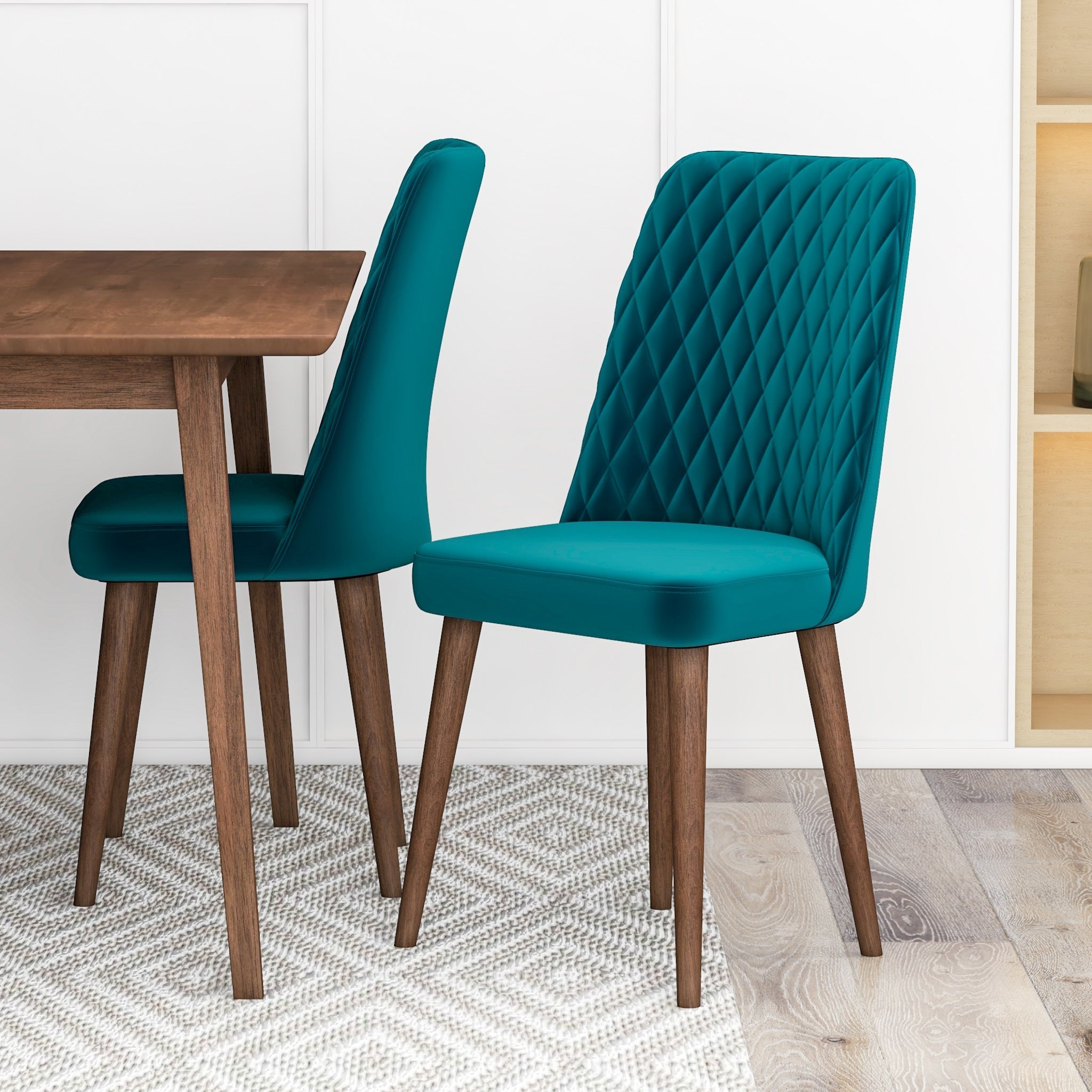 Adira Small Walnut Dining Set with 4 Evette Teal Velvet Dining Chairs