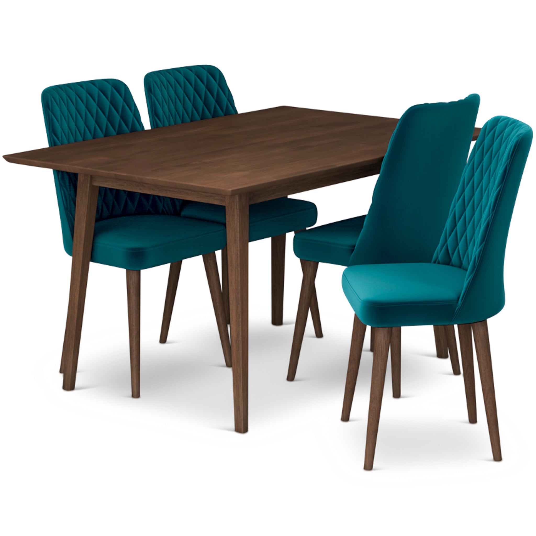 Adira Small Walnut Dining Set with 4 Evette Teal Velvet Dining Chairs