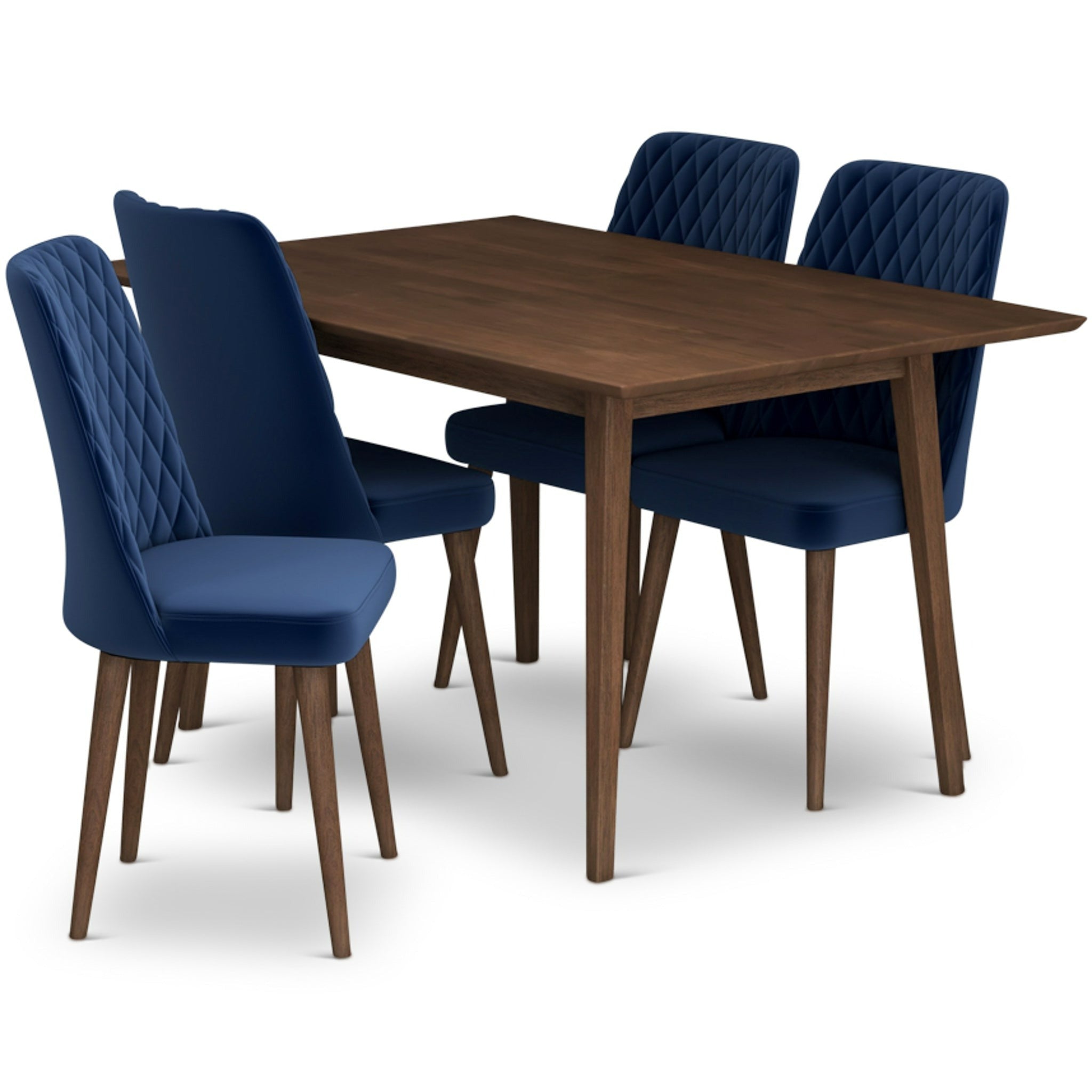 Adira Small Walnut Dining Set with 4 Evette Blue Velvet Dining Chairs