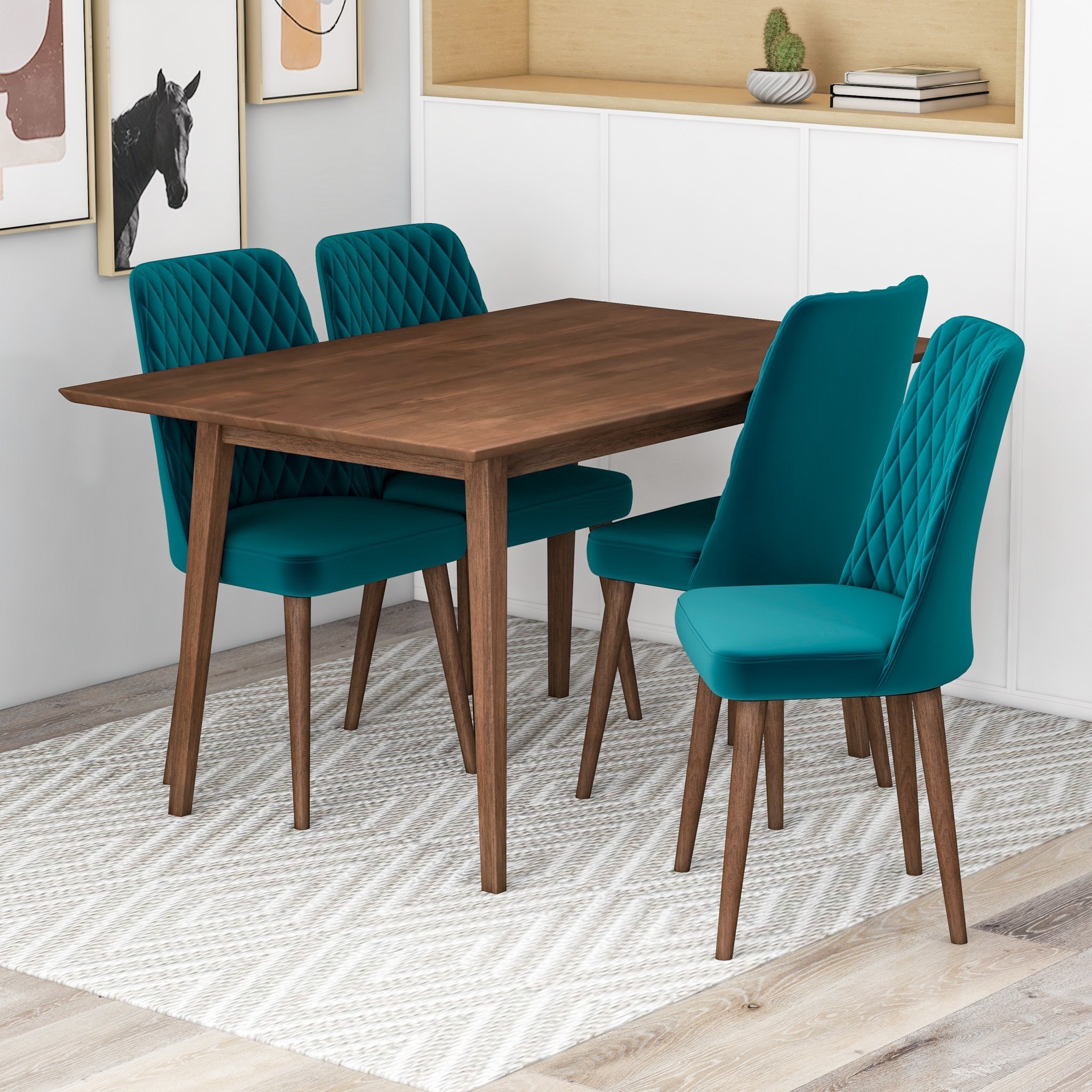 Adira Small Walnut Dining Set with 4 Evette Teal Velvet Dining Chairs