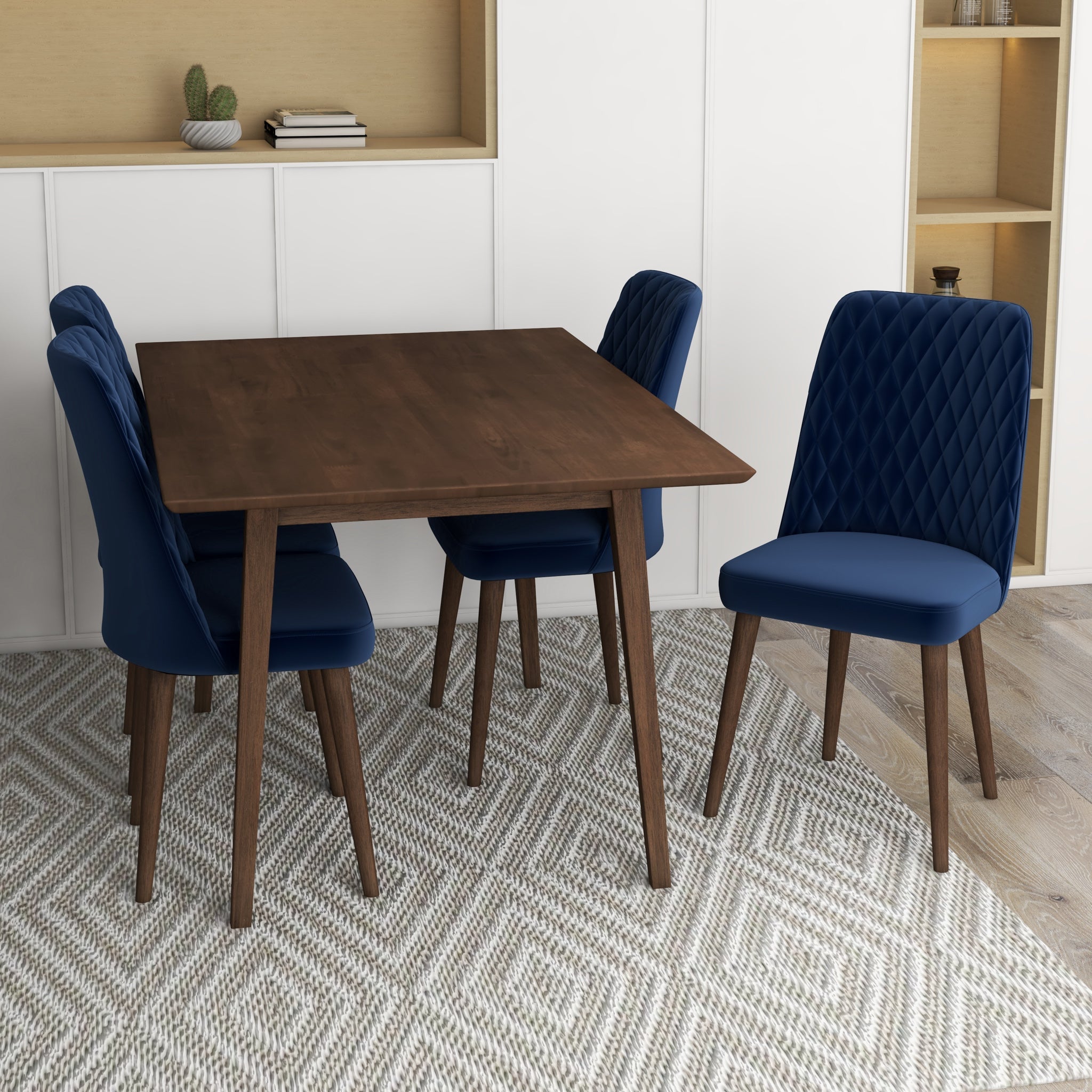 Adira Small Walnut Dining Set with 4 Evette Blue Velvet Dining Chairs