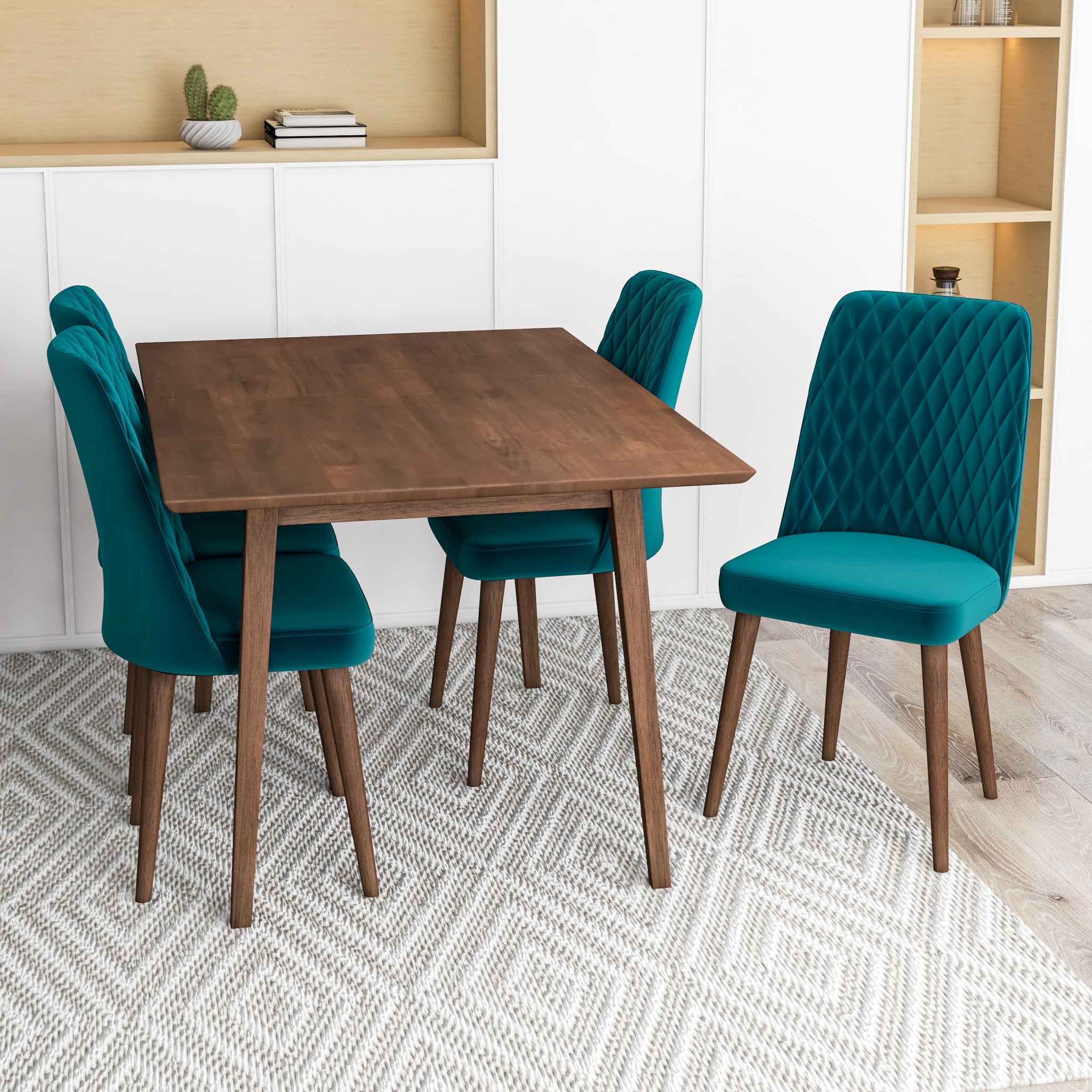 Adira Small Walnut Dining Set with 4 Evette Teal Velvet Dining Chairs