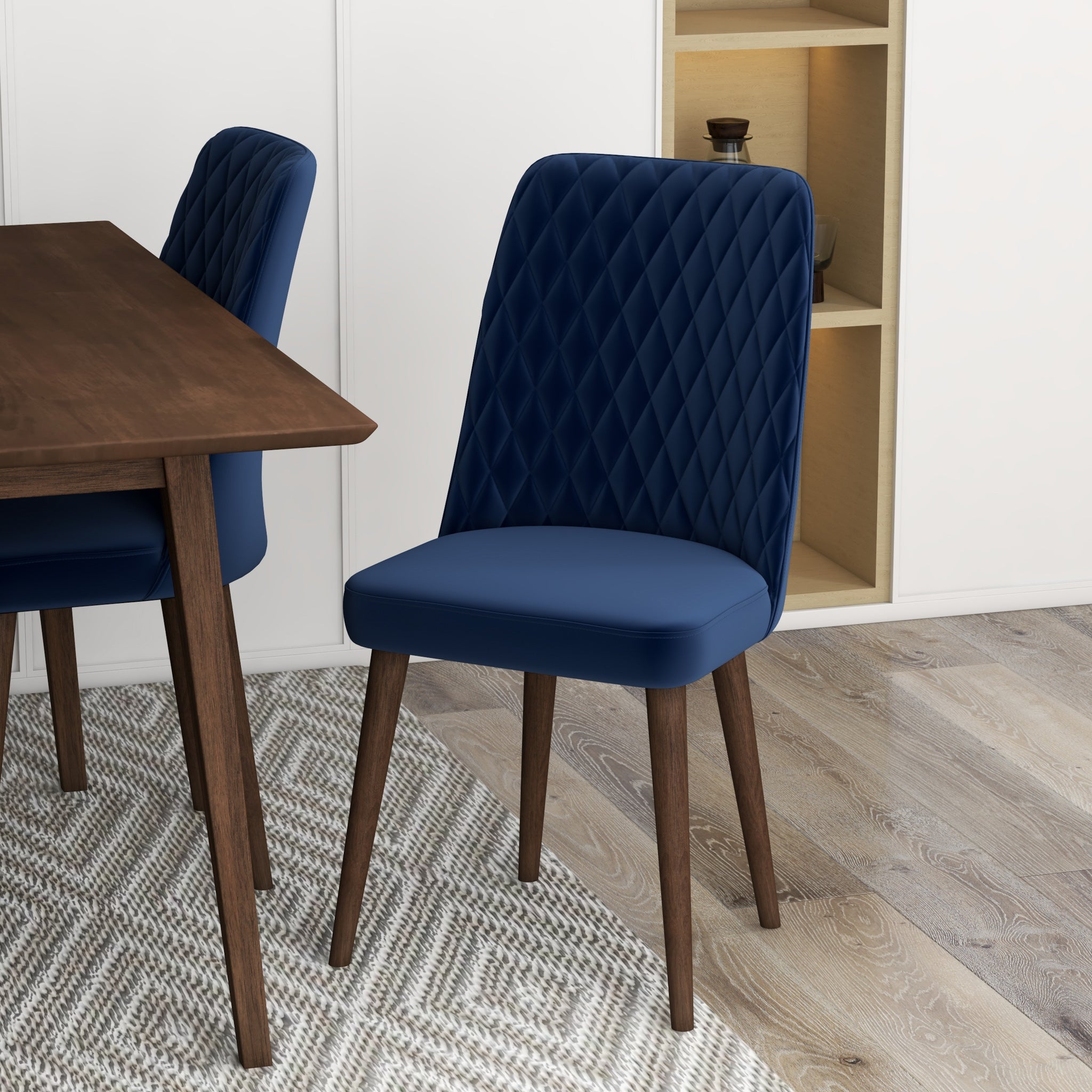 Adira Small Walnut Dining Set with 4 Evette Blue Velvet Dining Chairs