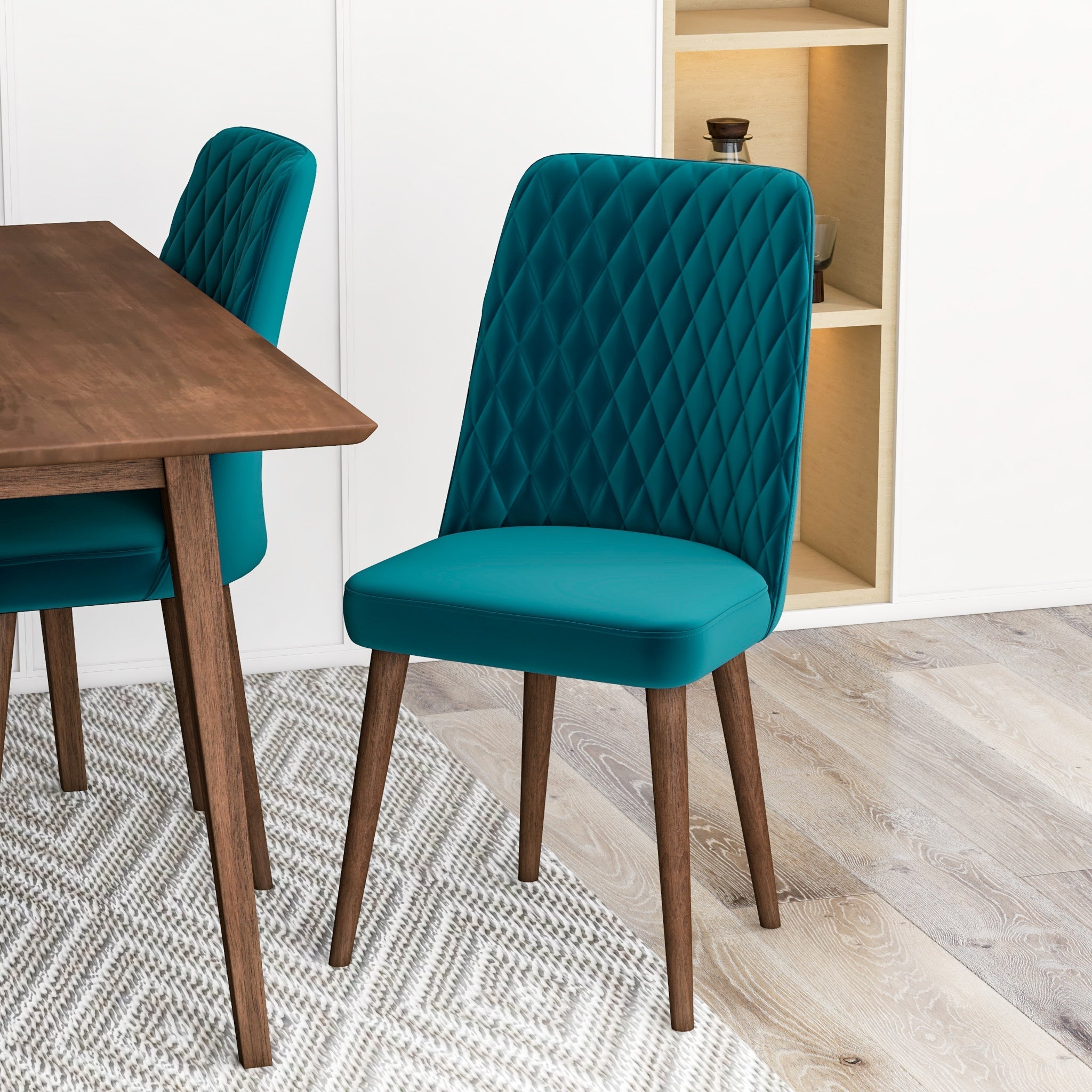 Adira Small Walnut Dining Set with 4 Evette Teal Velvet Dining Chairs