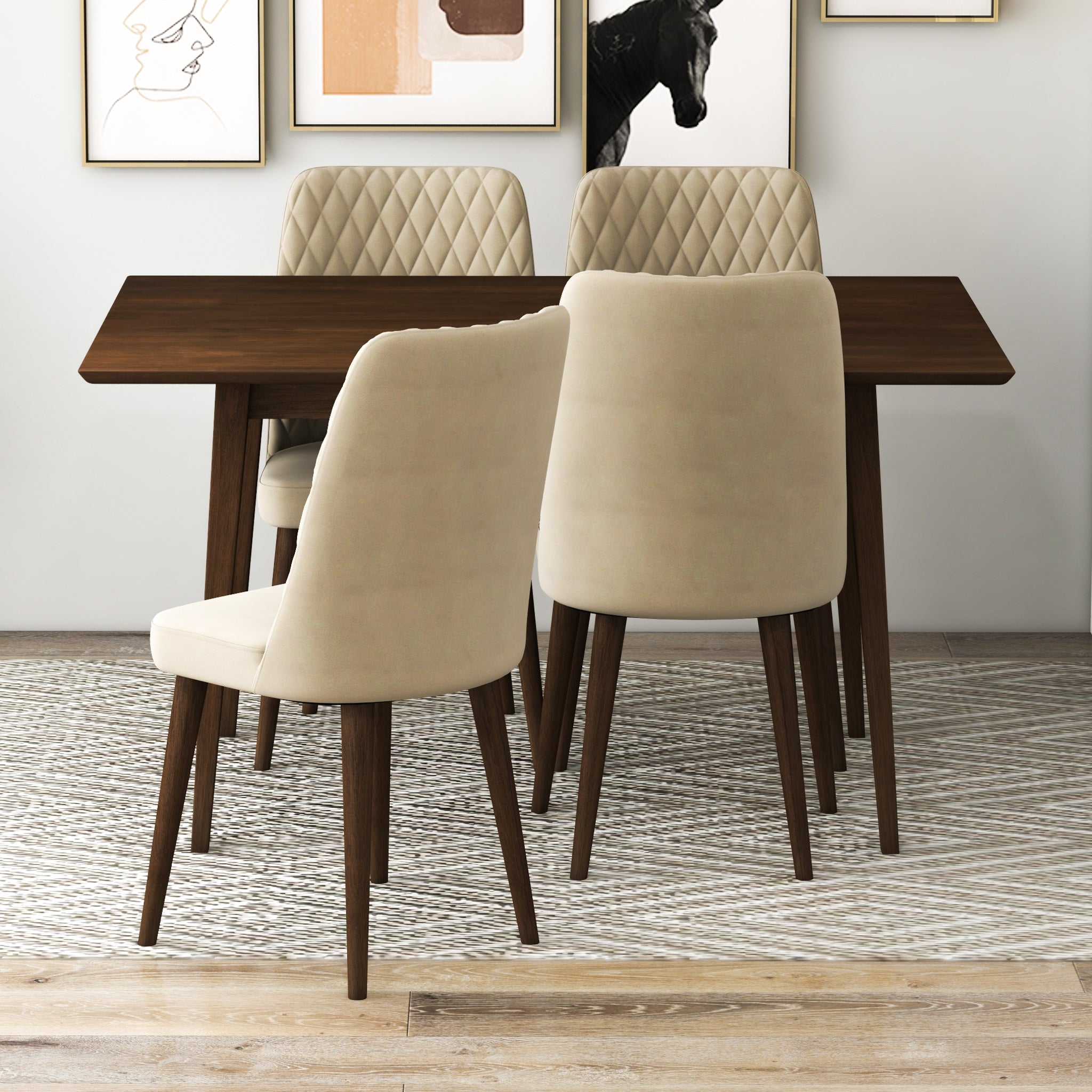 Adira Small Walnut Dining Set with 4 Evette Beige Velvet Dining Chairs