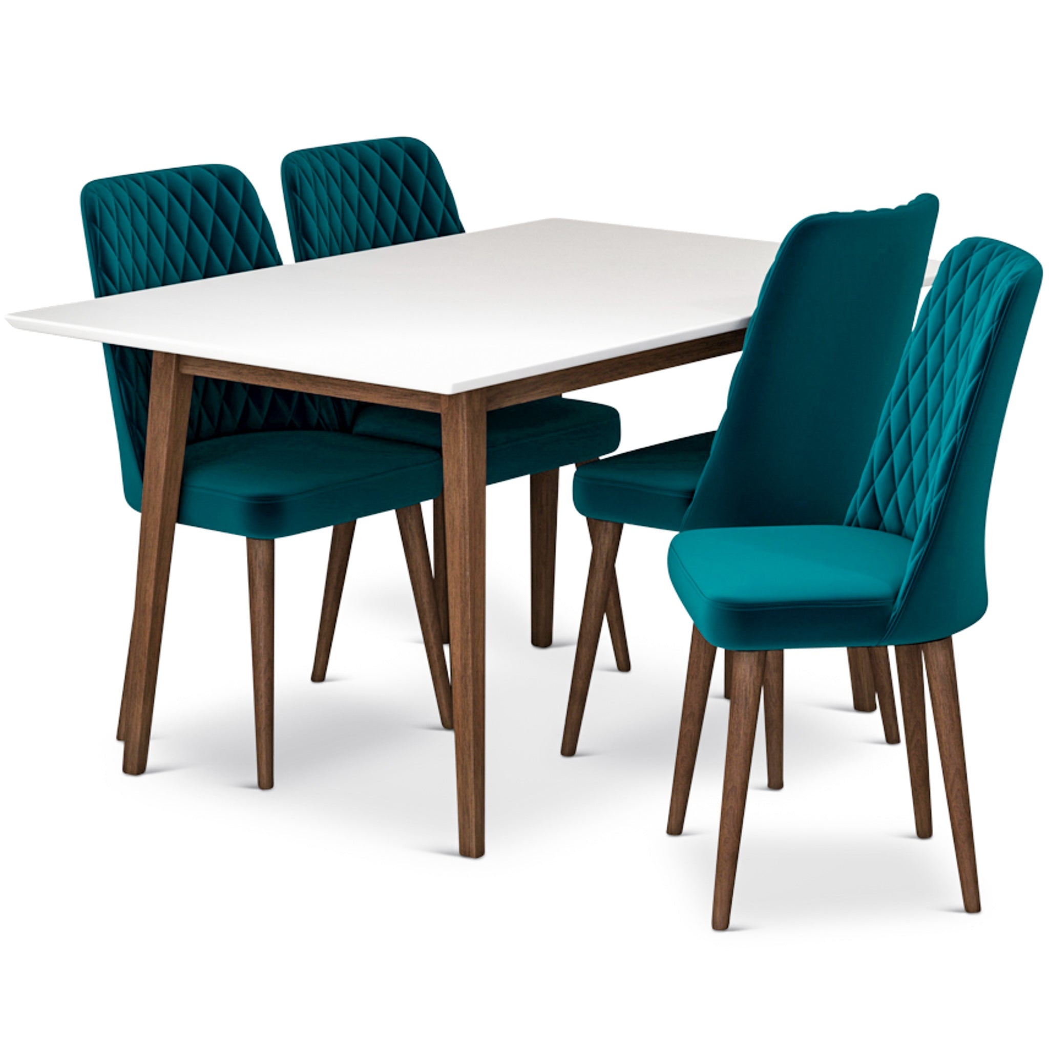 Adira Small White Dining Set with 4 Evette Teal Velvet Dining Chairs