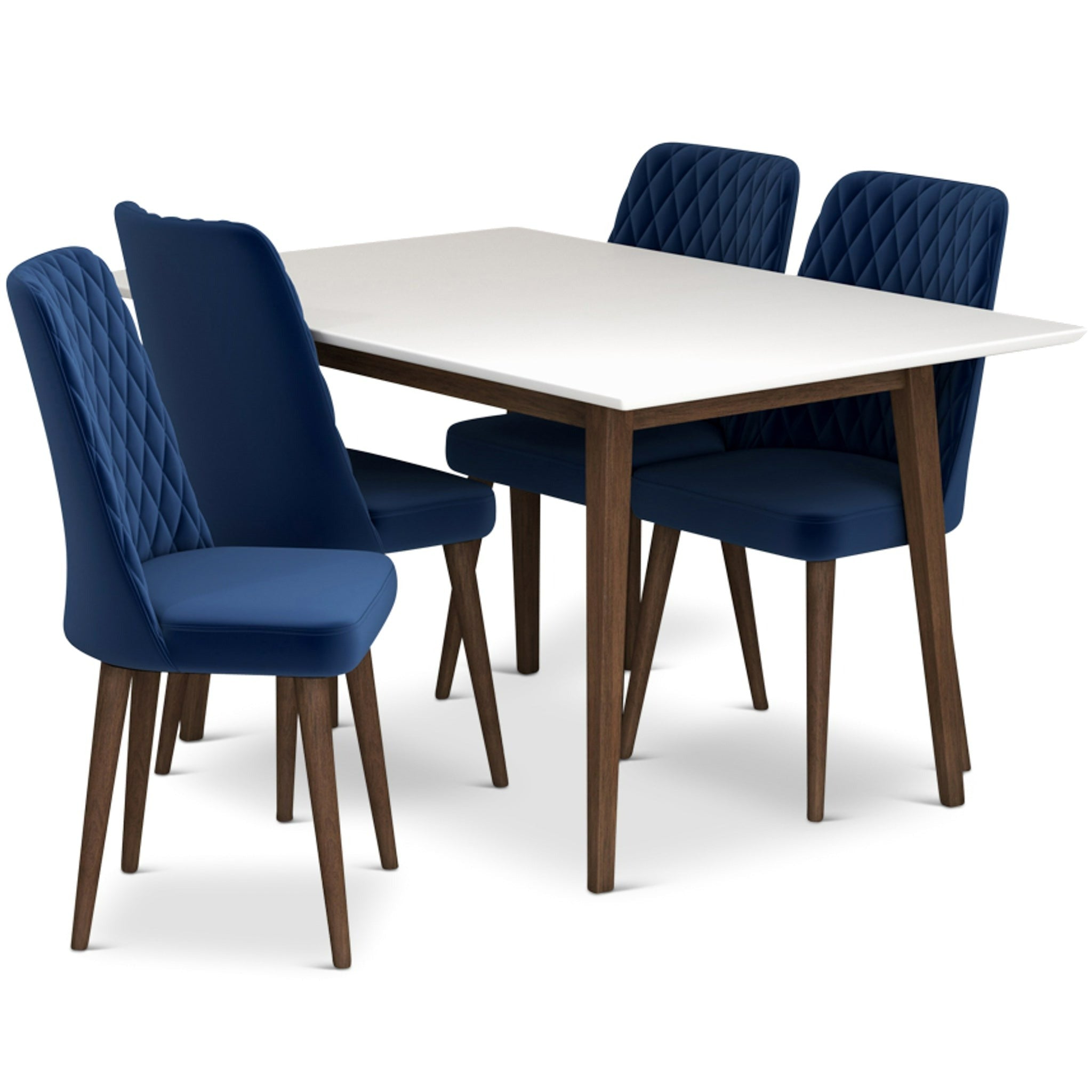 Adira Small White Dining Set with 4 Evette Blue Velvet Dining Chairs