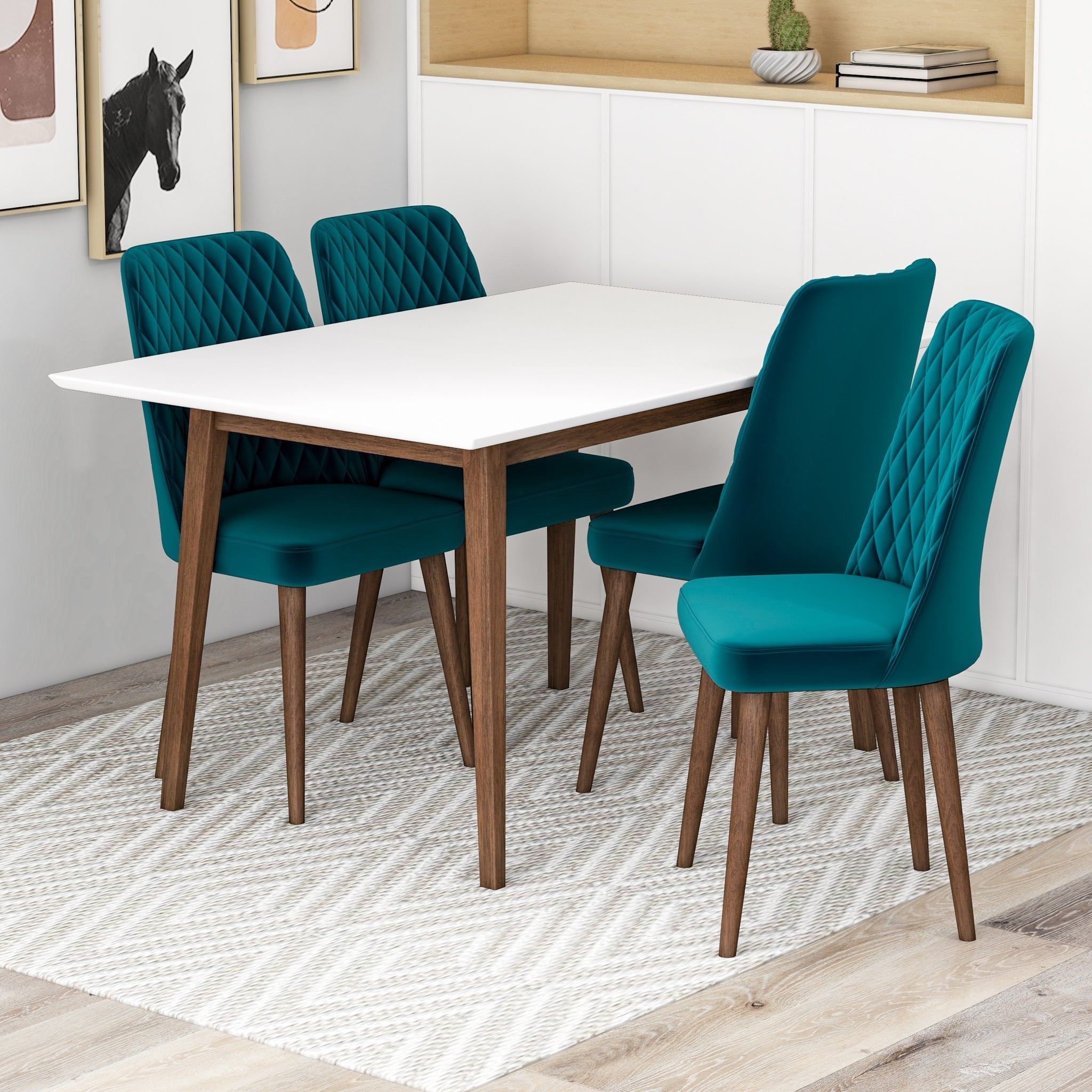 Adira Small White Dining Set with 4 Evette Teal Velvet Dining Chairs