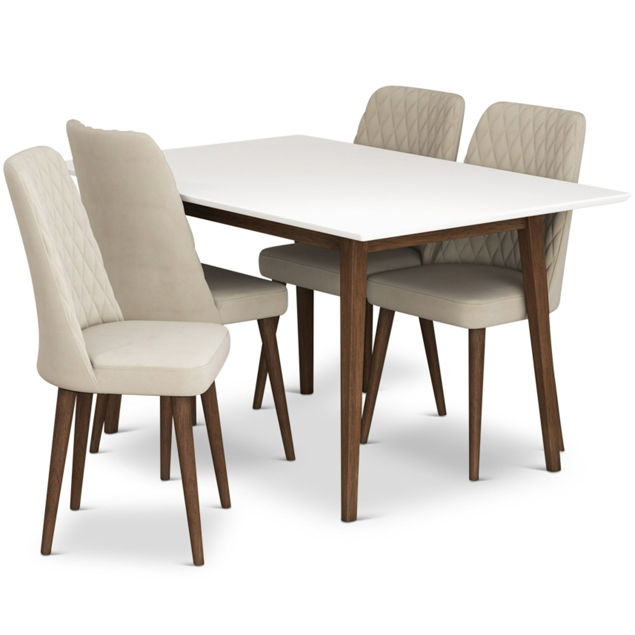 Adira Small White Dining Set with 4 Evette Beige Velvet Dining Chairs