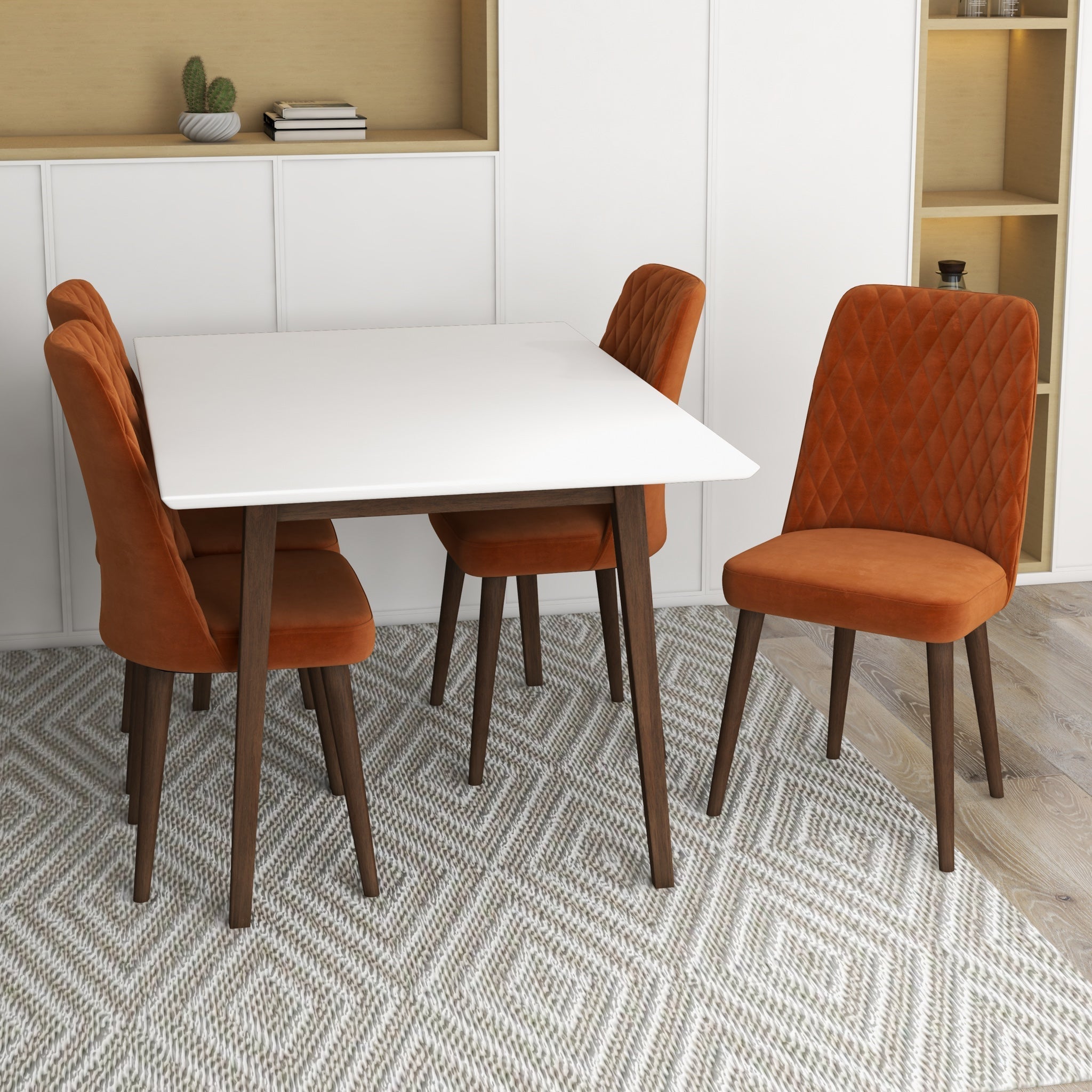 Adira Small White Dining Set with 4 Evette Burnt Orange Velvet Dining Chairs