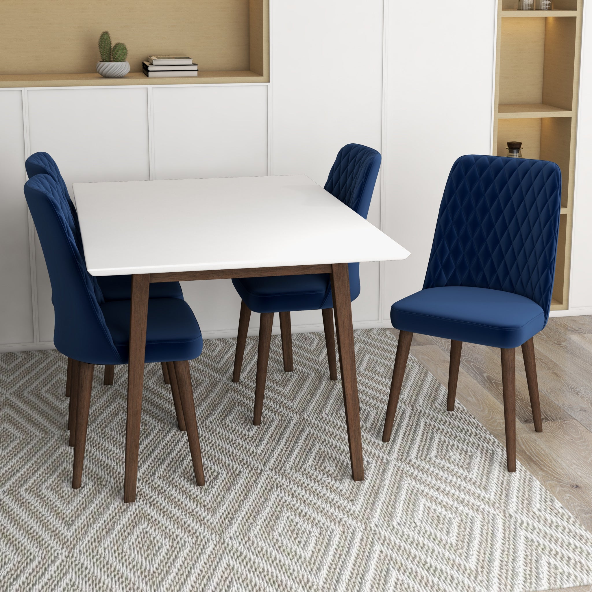 Adira Small White Dining Set with 4 Evette Blue Velvet Dining Chairs