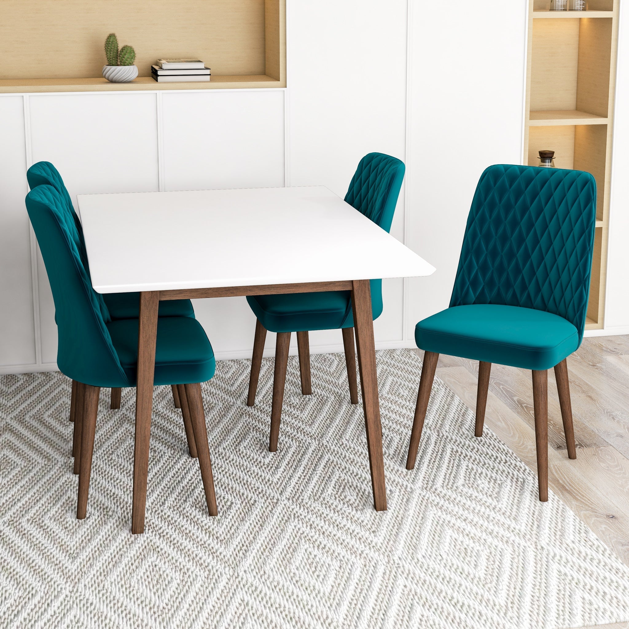 Adira Small White Dining Set with 4 Evette Teal Velvet Dining Chairs