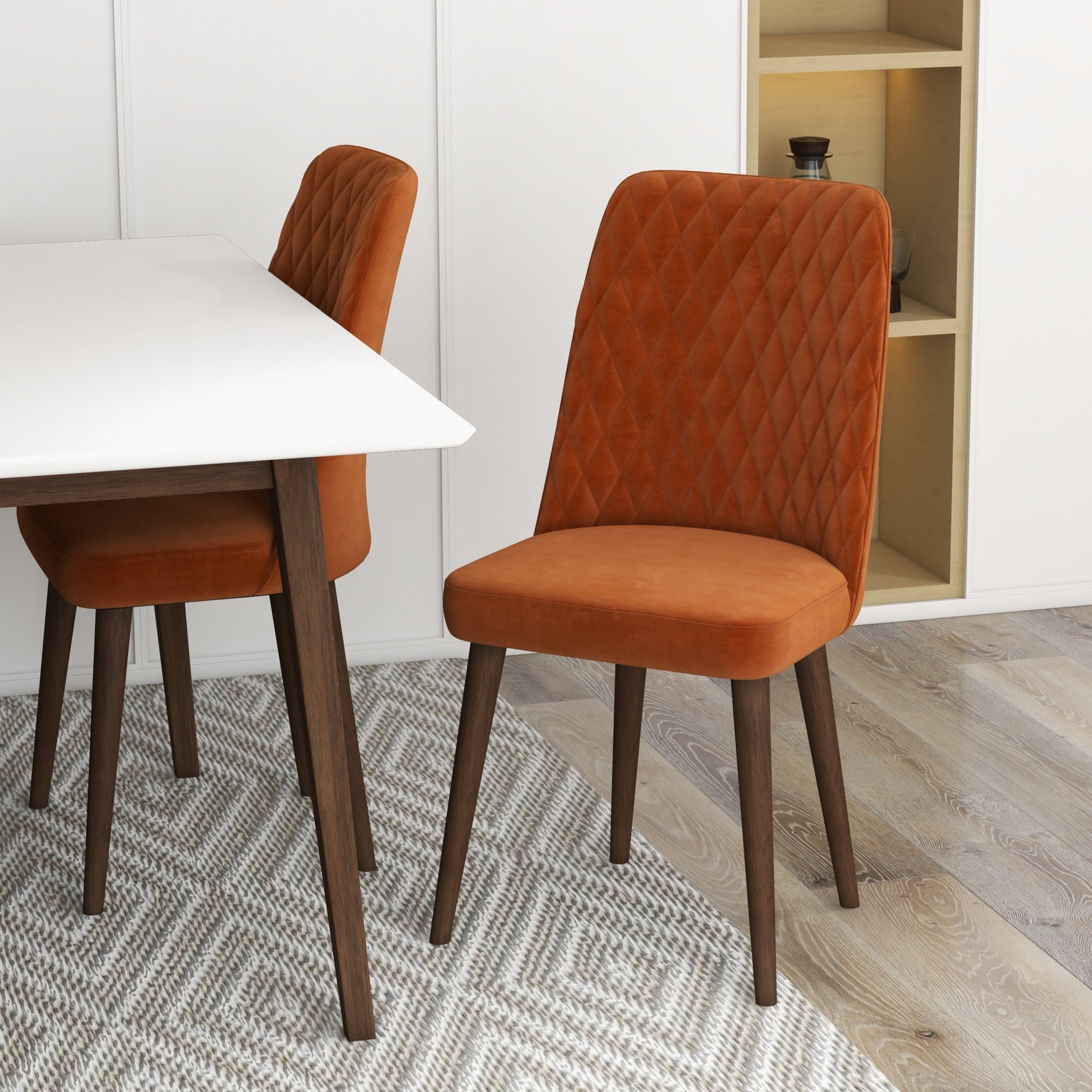 Adira Small White Dining Set with 4 Evette Burnt Orange Velvet Dining Chairs