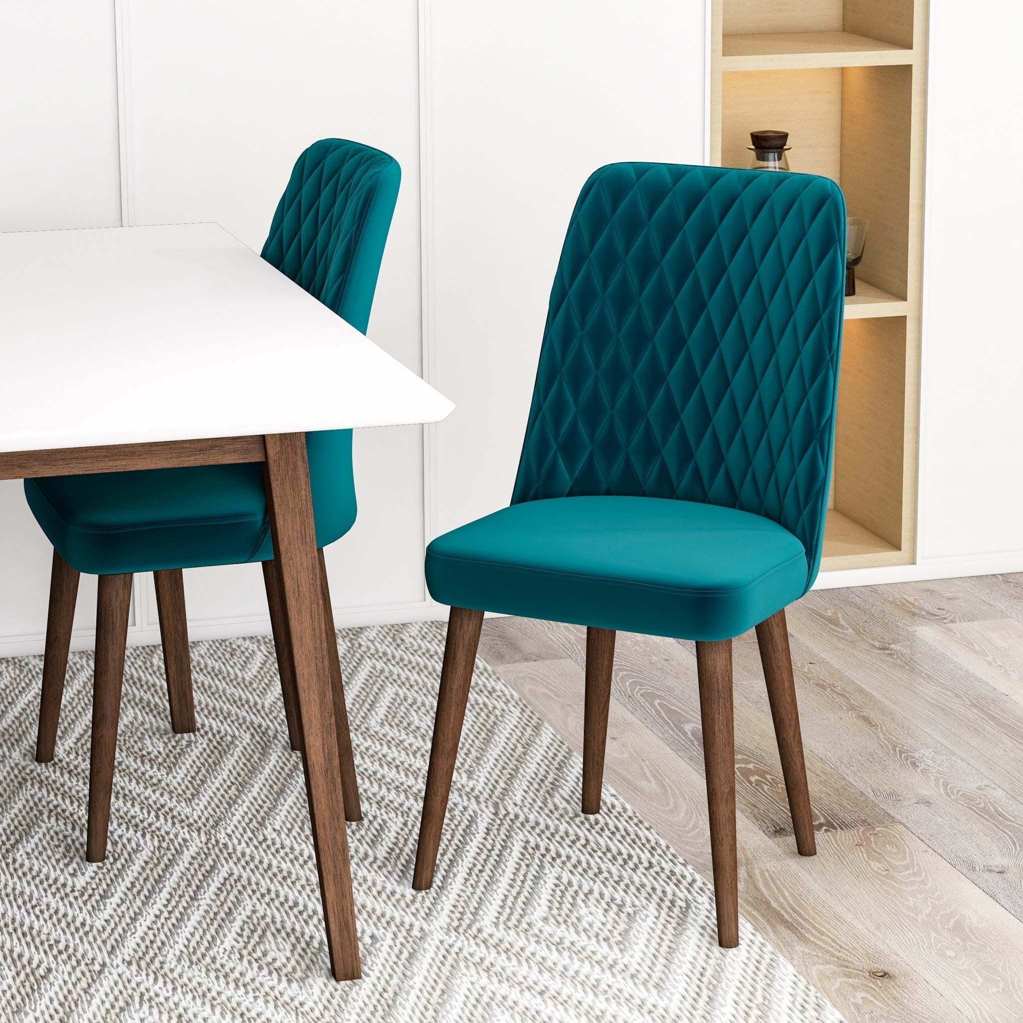 Adira Small White Dining Set with 4 Evette Teal Velvet Dining Chairs