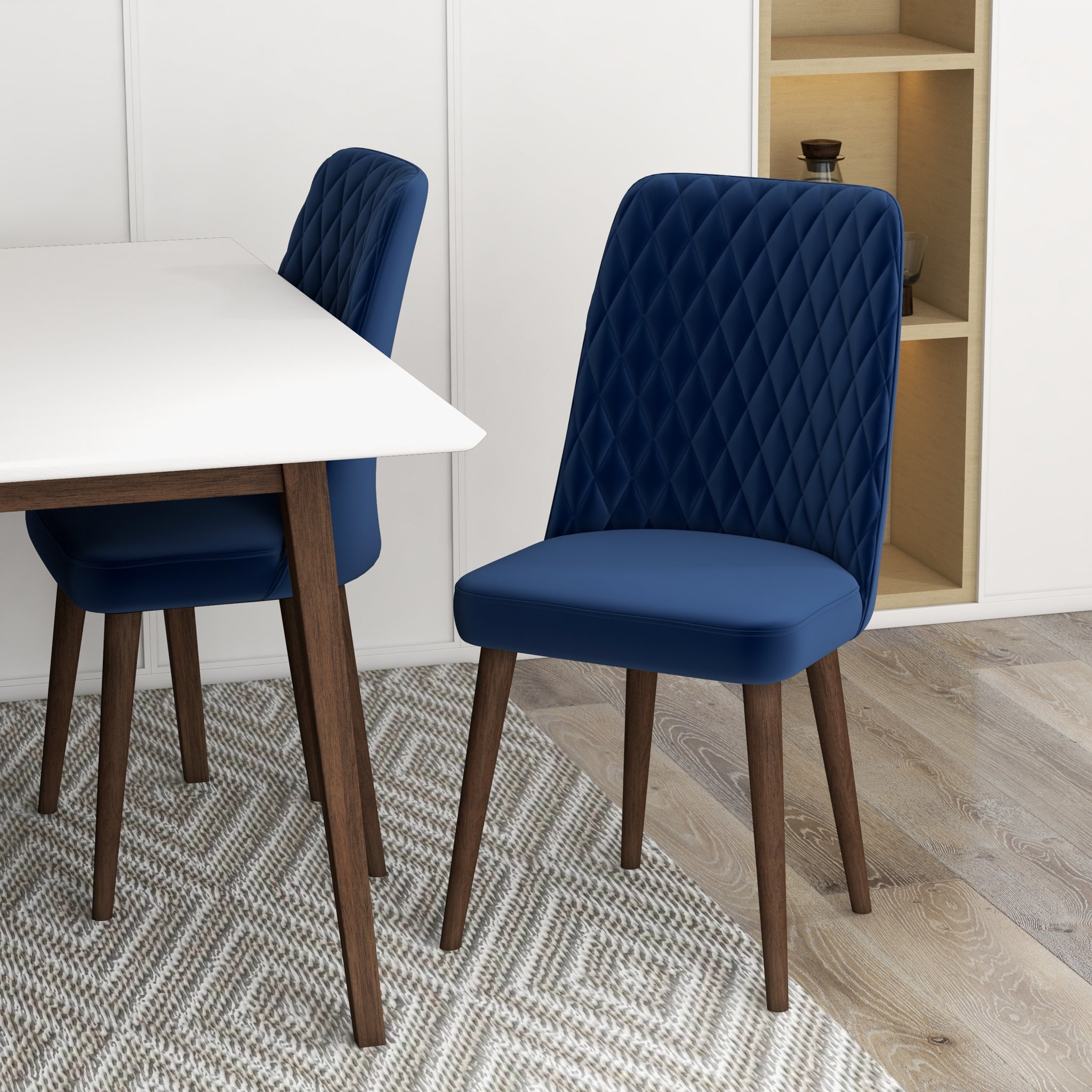 Adira Small White Dining Set with 4 Evette Blue Velvet Dining Chairs