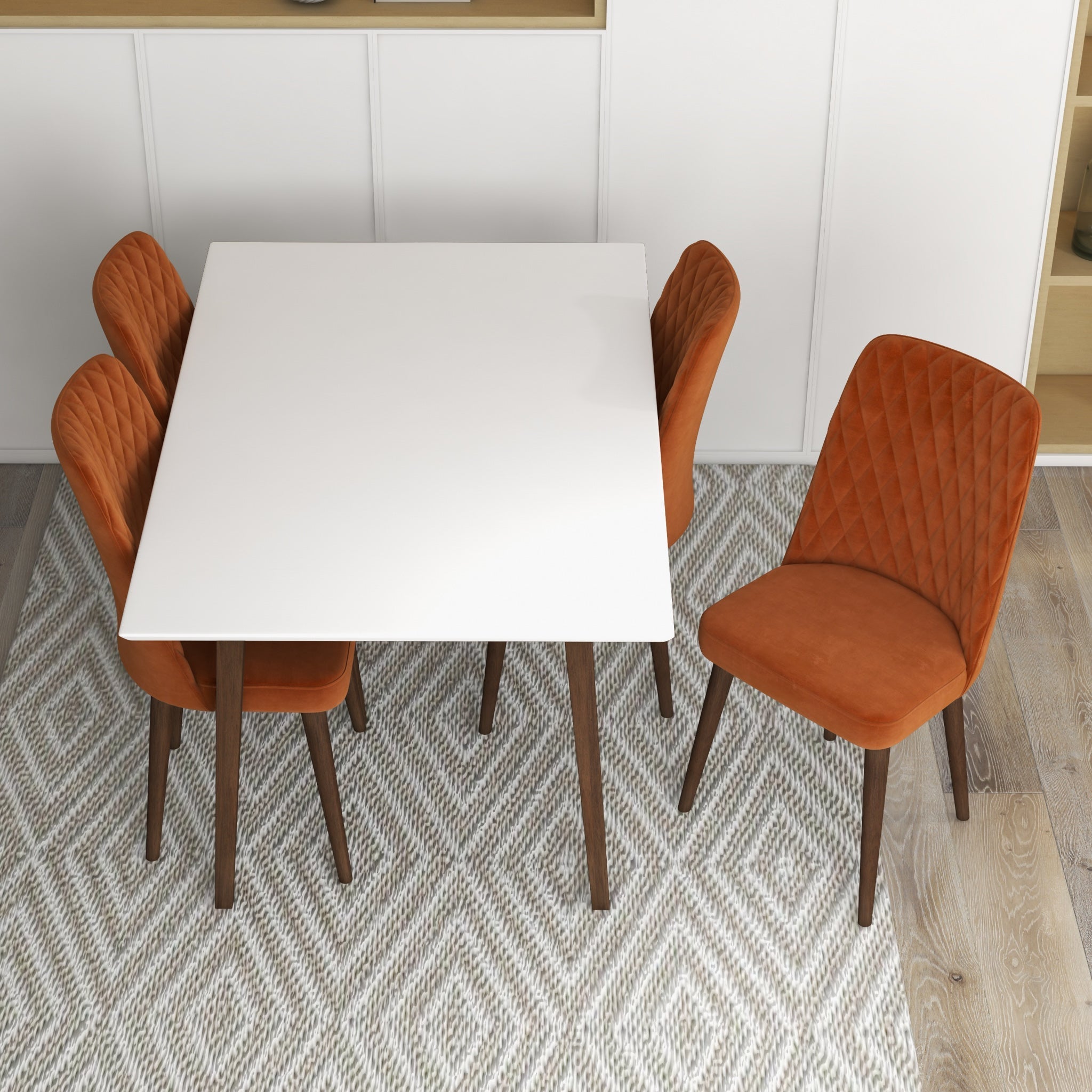 Adira Small White Dining Set with 4 Evette Burnt Orange Velvet Dining Chairs