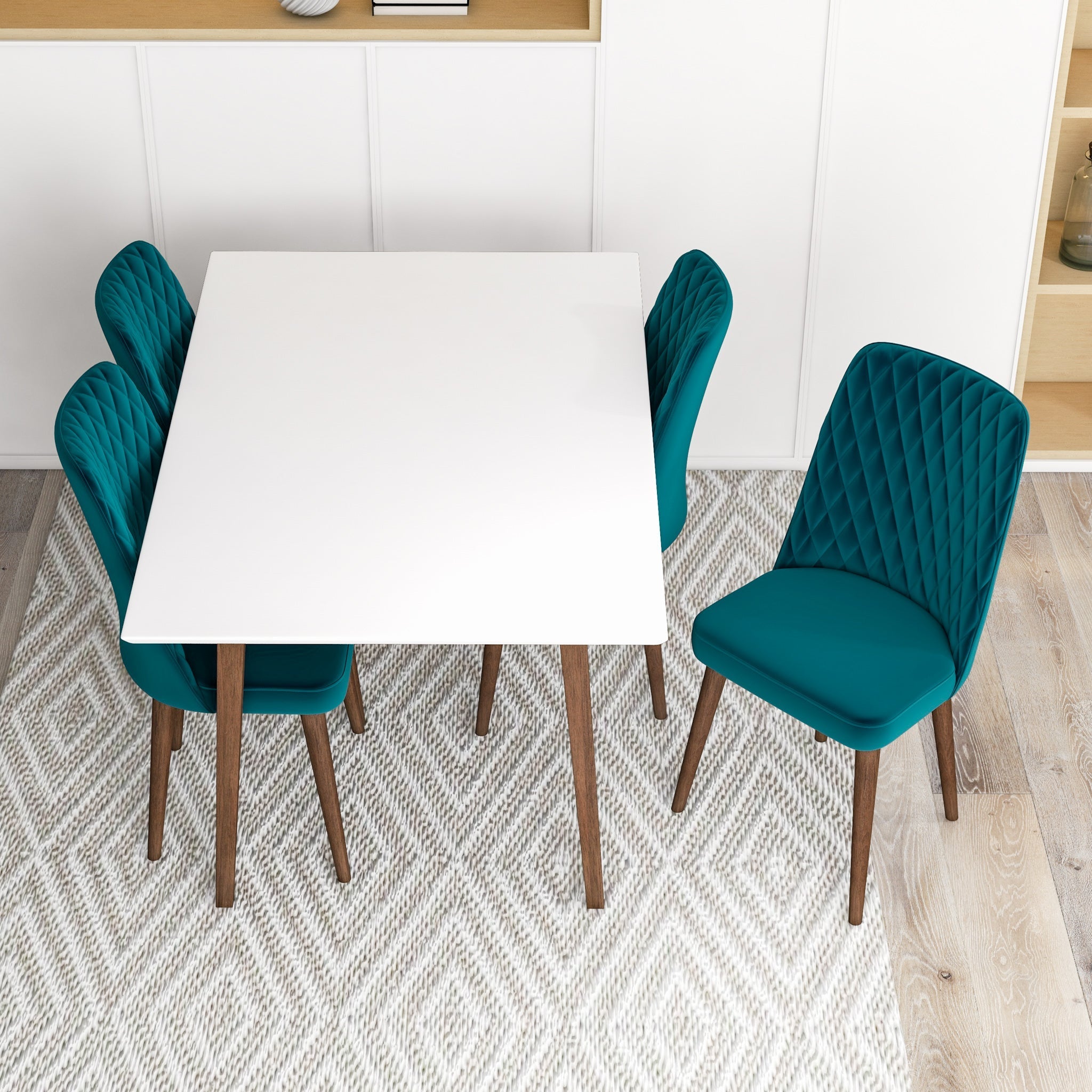 Adira Small White Dining Set with 4 Evette Teal Velvet Dining Chairs