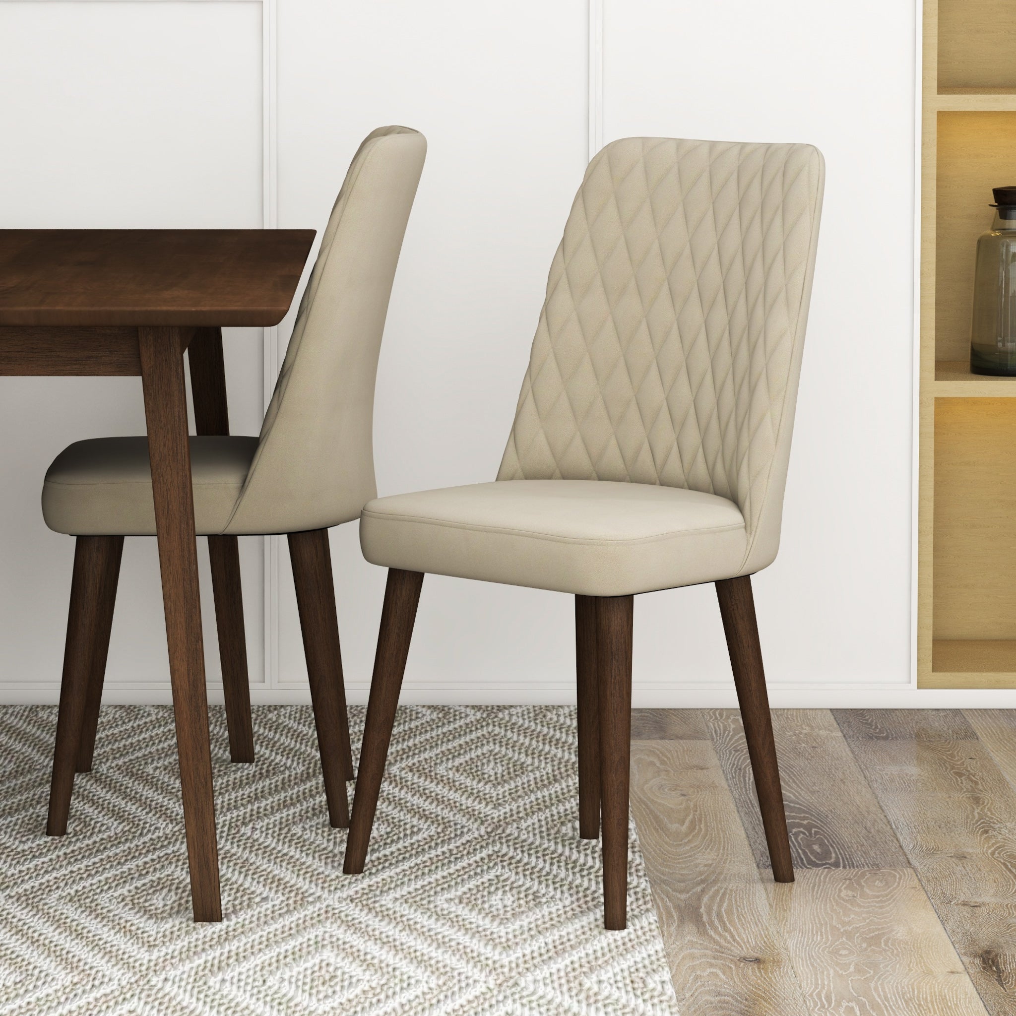 Adira Small Walnut Dining Set with 4 Evette Beige Velvet Dining Chairs