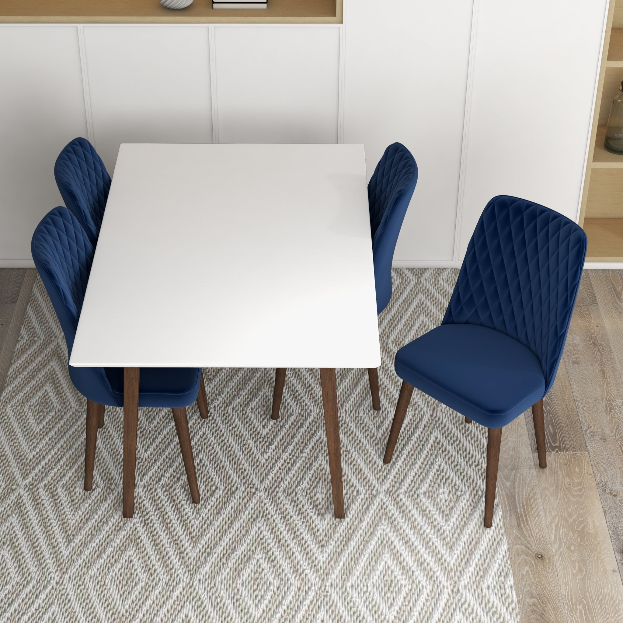 Adira Small White Dining Set with 4 Evette Blue Velvet Dining Chairs