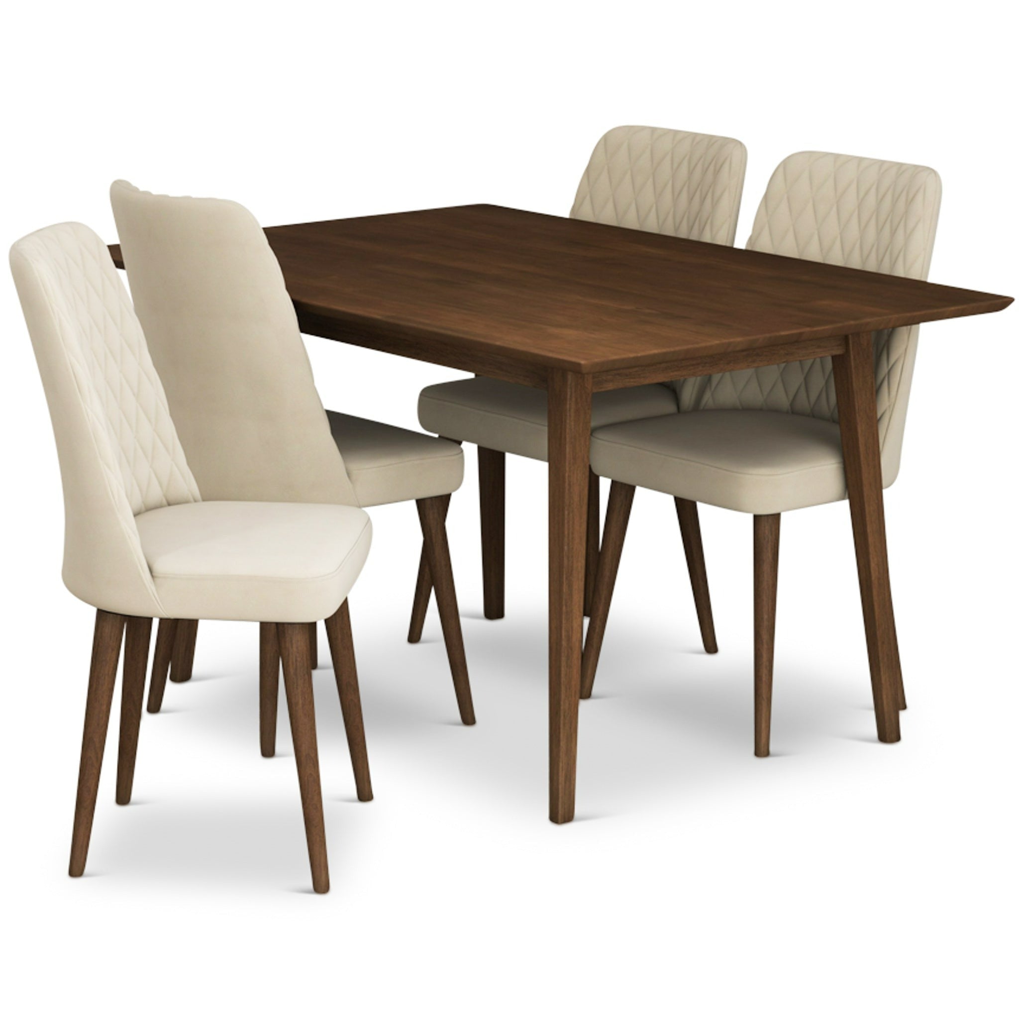 Adira Small Walnut Dining Set with 4 Evette Beige Velvet Dining Chairs