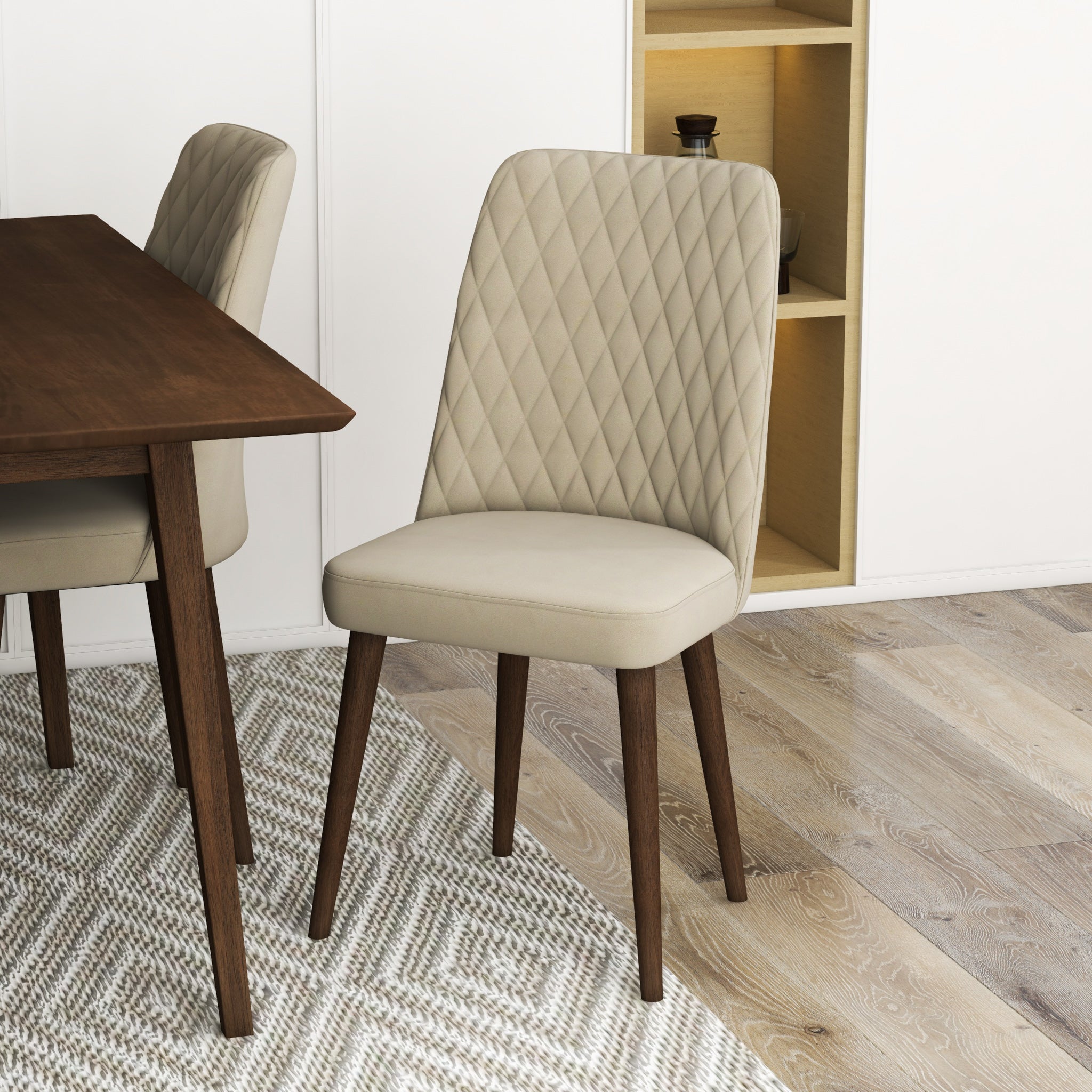 Adira Small Walnut Dining Set with 4 Evette Beige Velvet Dining Chairs