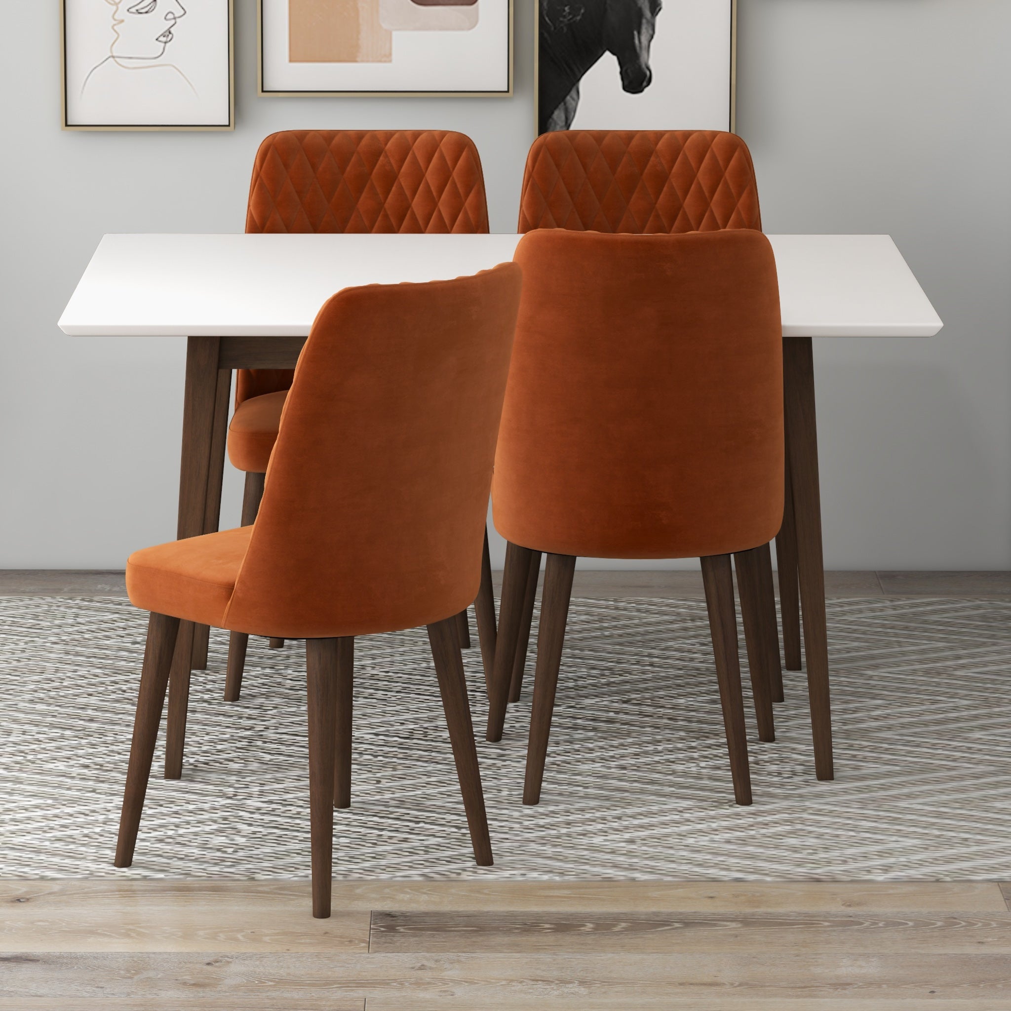 Adira Small White Dining Set with 4 Evette Burnt Orange Velvet Dining Chairs