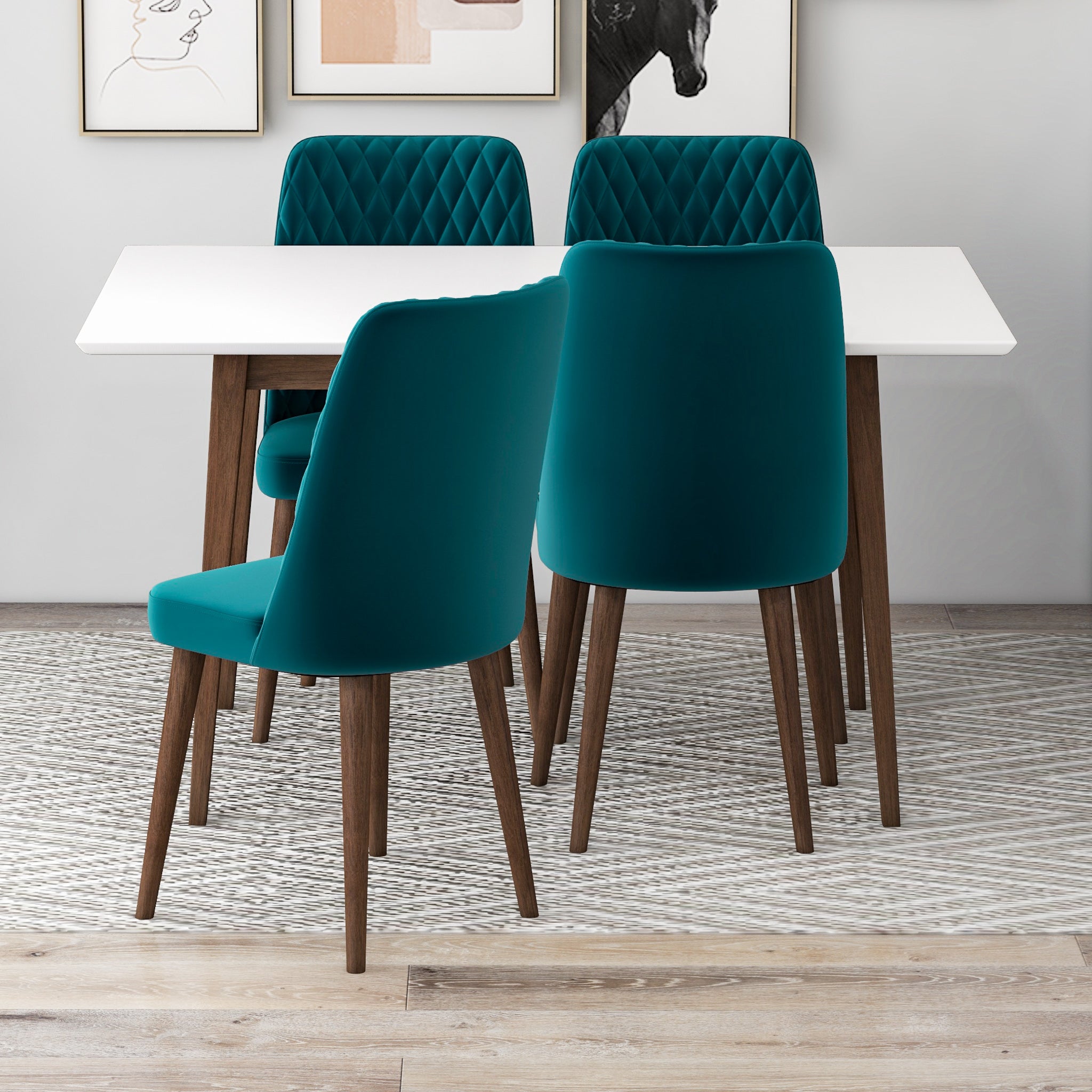 Adira Small White Dining Set with 4 Evette Teal Velvet Dining Chairs