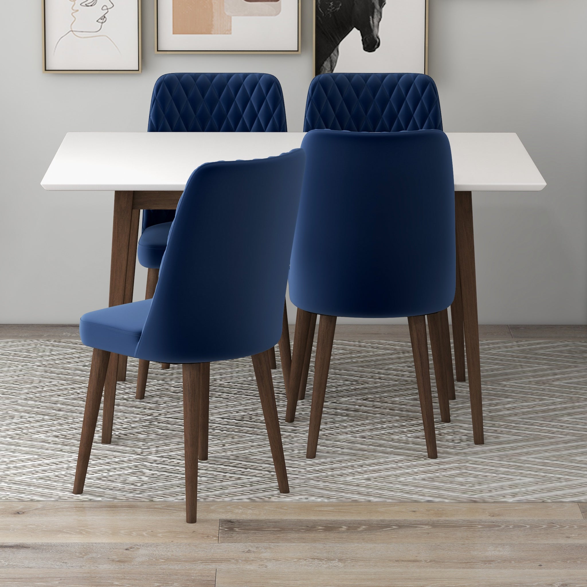 Adira Small White Dining Set with 4 Evette Blue Velvet Dining Chairs