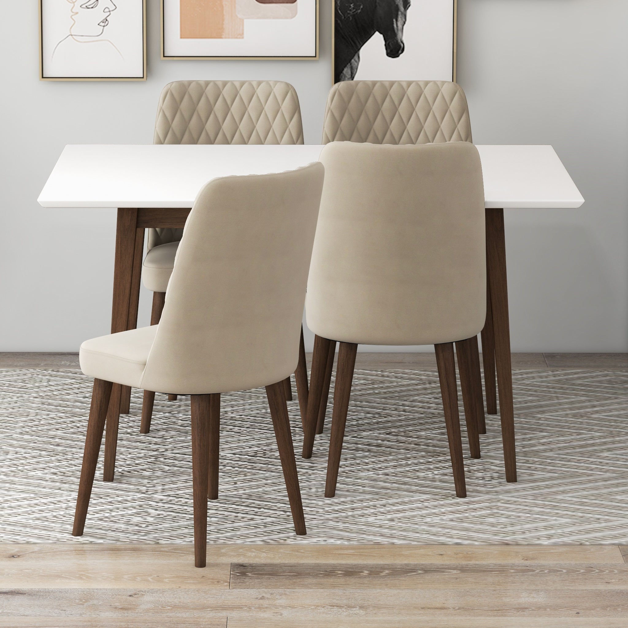 Adira Small White Dining Set with 4 Evette Beige Velvet Dining Chairs