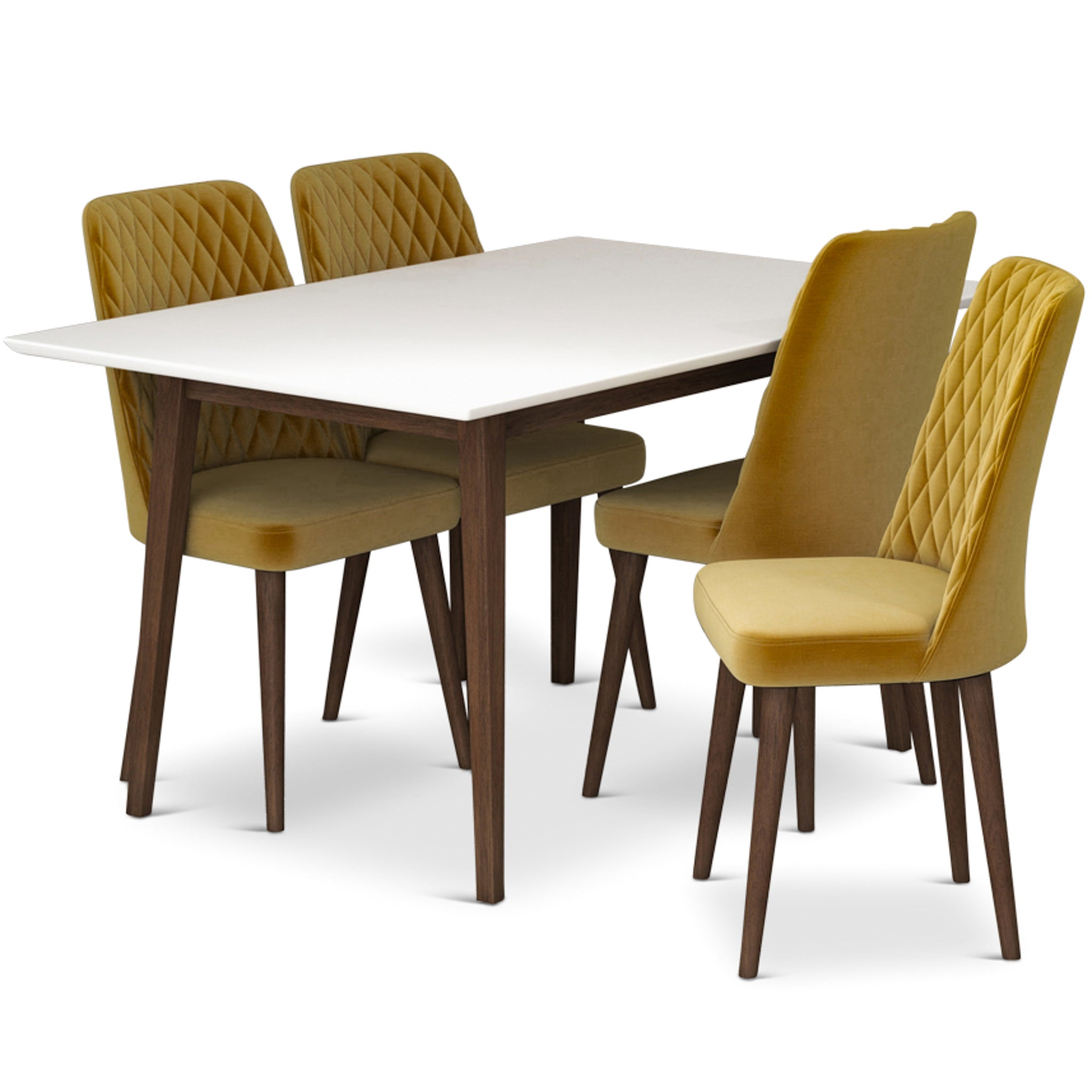 Adira Small White Dining Set with 4 Evette Gold Velvet Dining Chairs