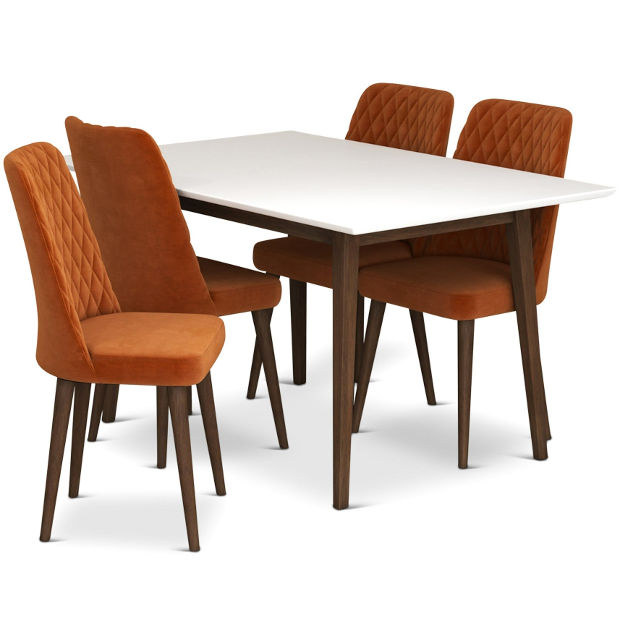 Adira Small White Dining Set with 4 Evette Burnt Orange Velvet Dining Chairs