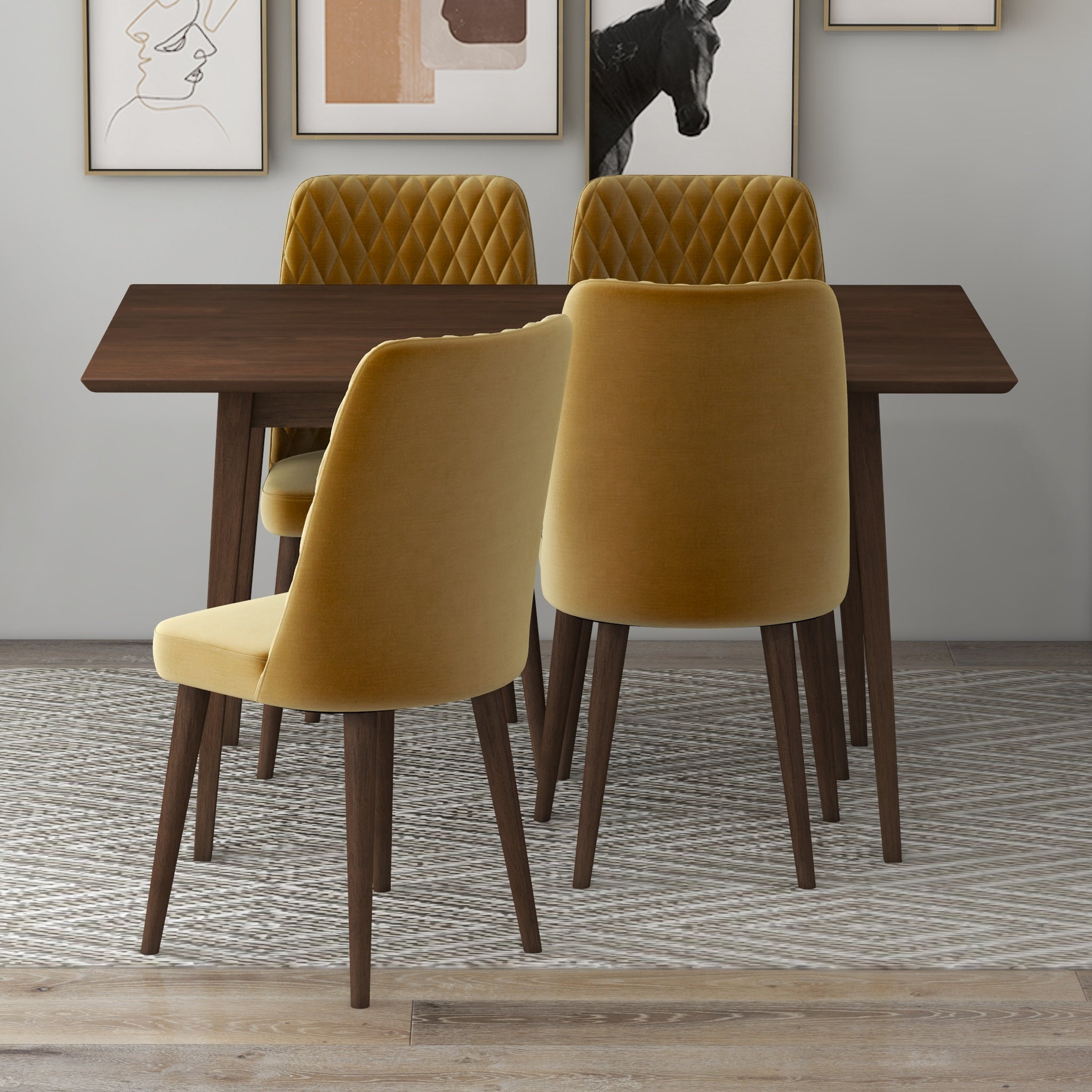 Adira Small Walnut Dining Set with 4 Evette Gold Velvet Dining Chairs