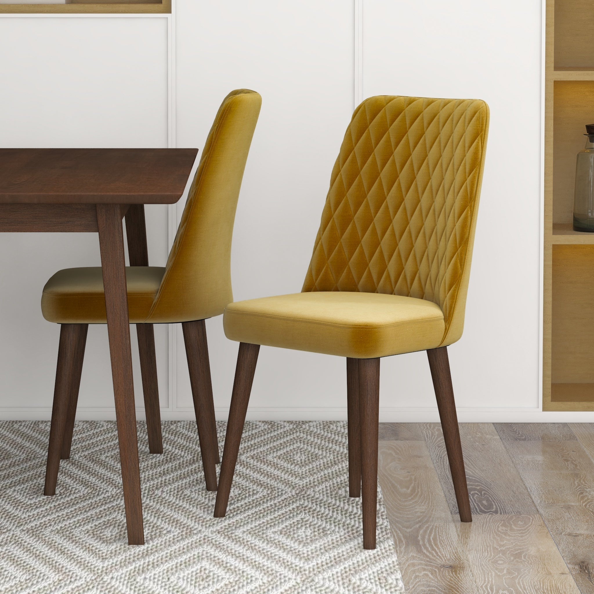 Adira Small Walnut Dining Set with 4 Evette Gold Velvet Dining Chairs