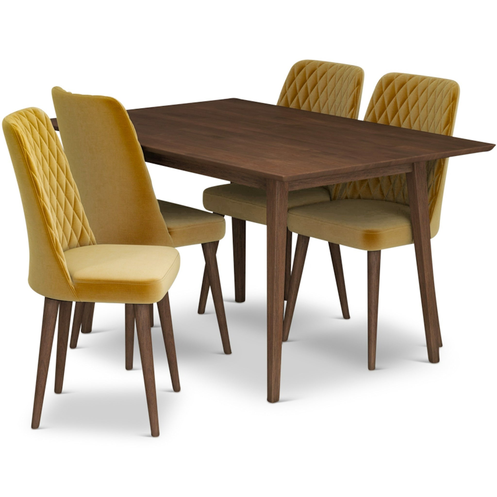 Adira Small Walnut Dining Set with 4 Evette Gold Velvet Dining Chairs