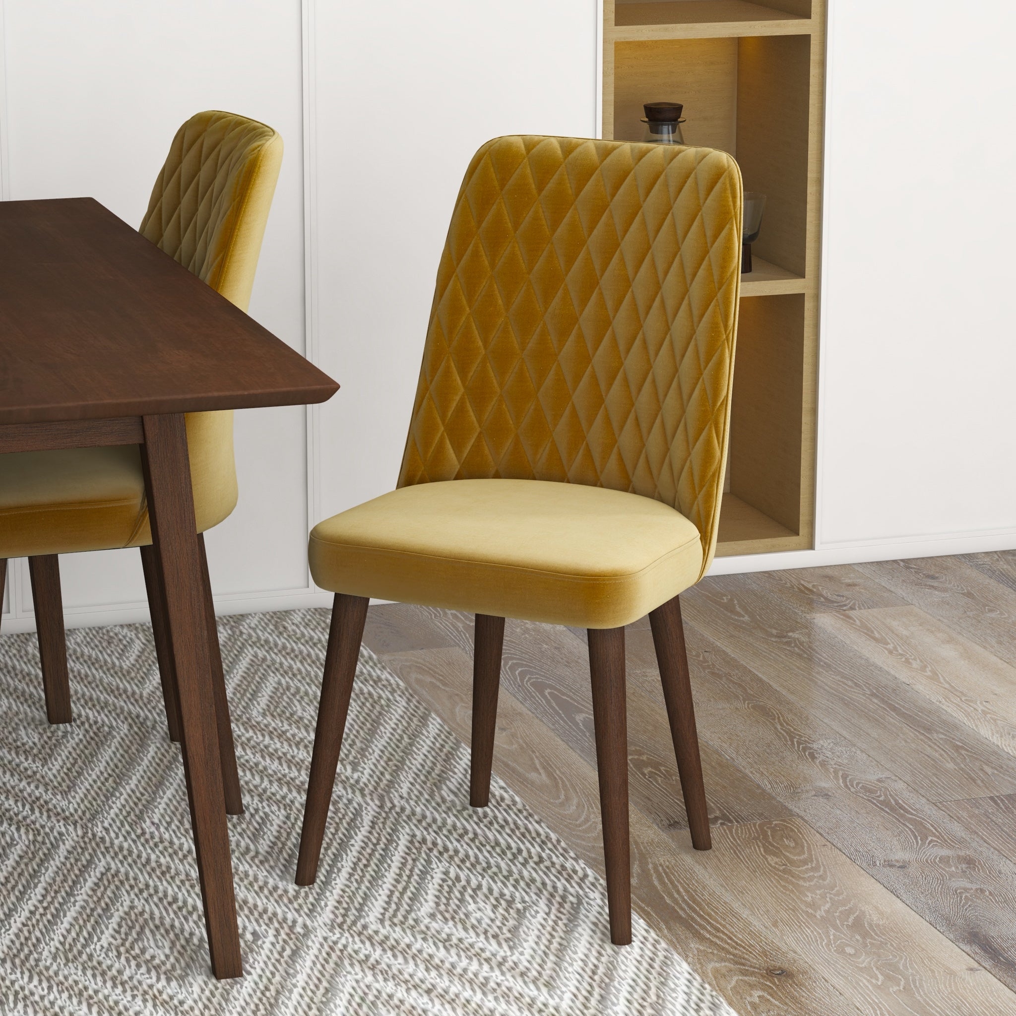 Adira Small Walnut Dining Set with 4 Evette Gold Velvet Dining Chairs