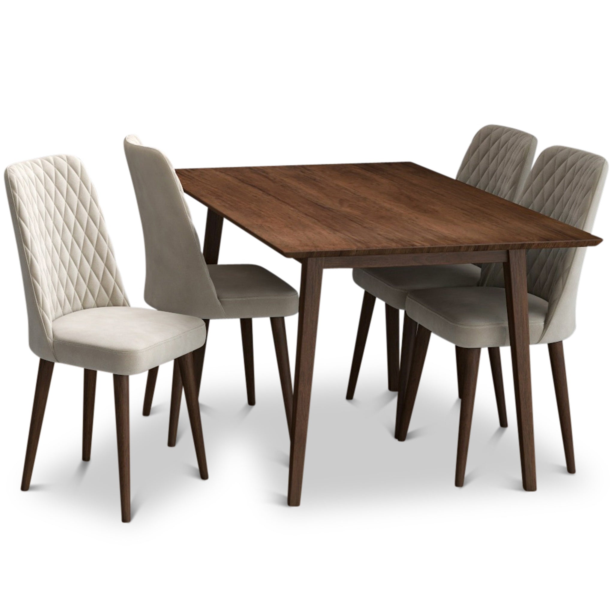 Alpine Small Walnut Dining Set with 4 Evette Beige Velvet Dining Chairs