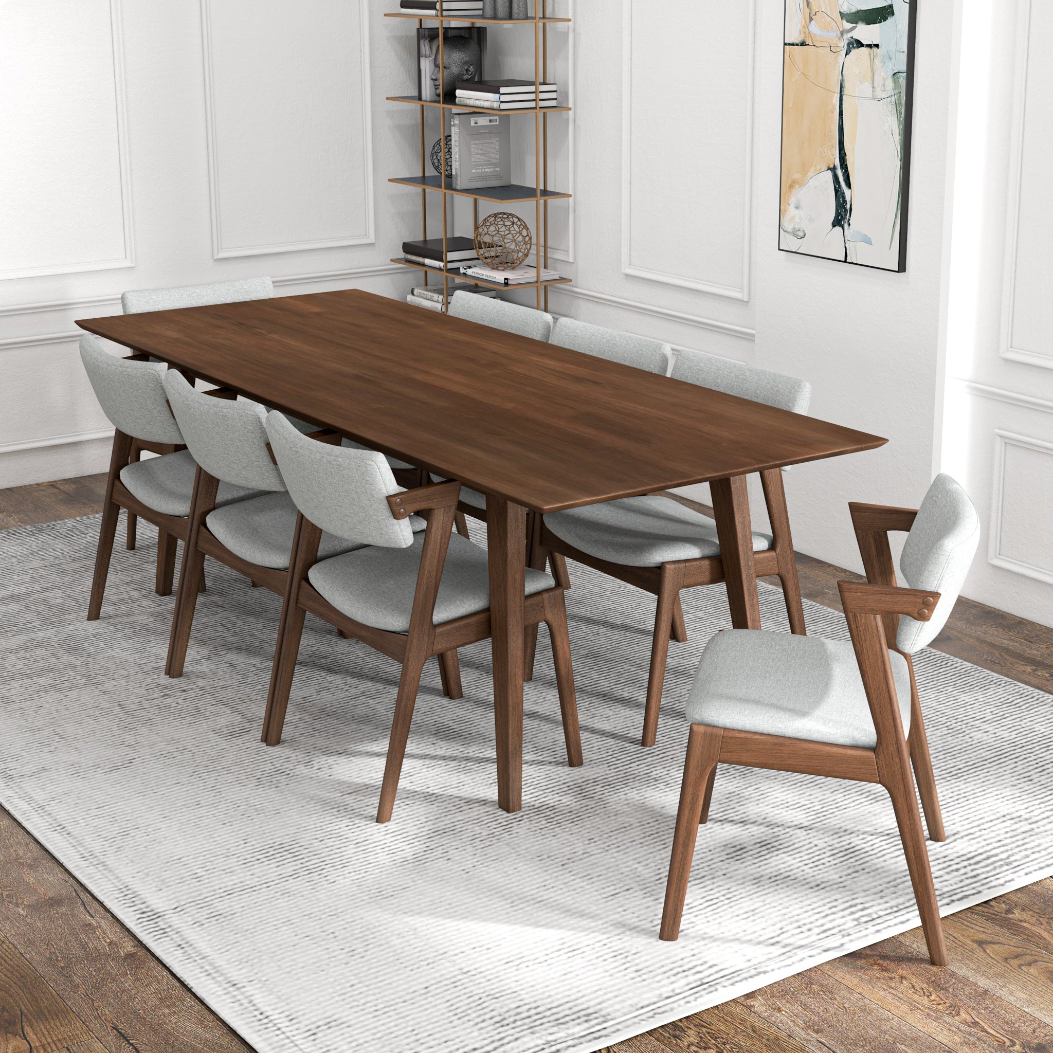 Adira XLarge Walnut Dining Set with 8 Ricco Light Grey Dining Chairs