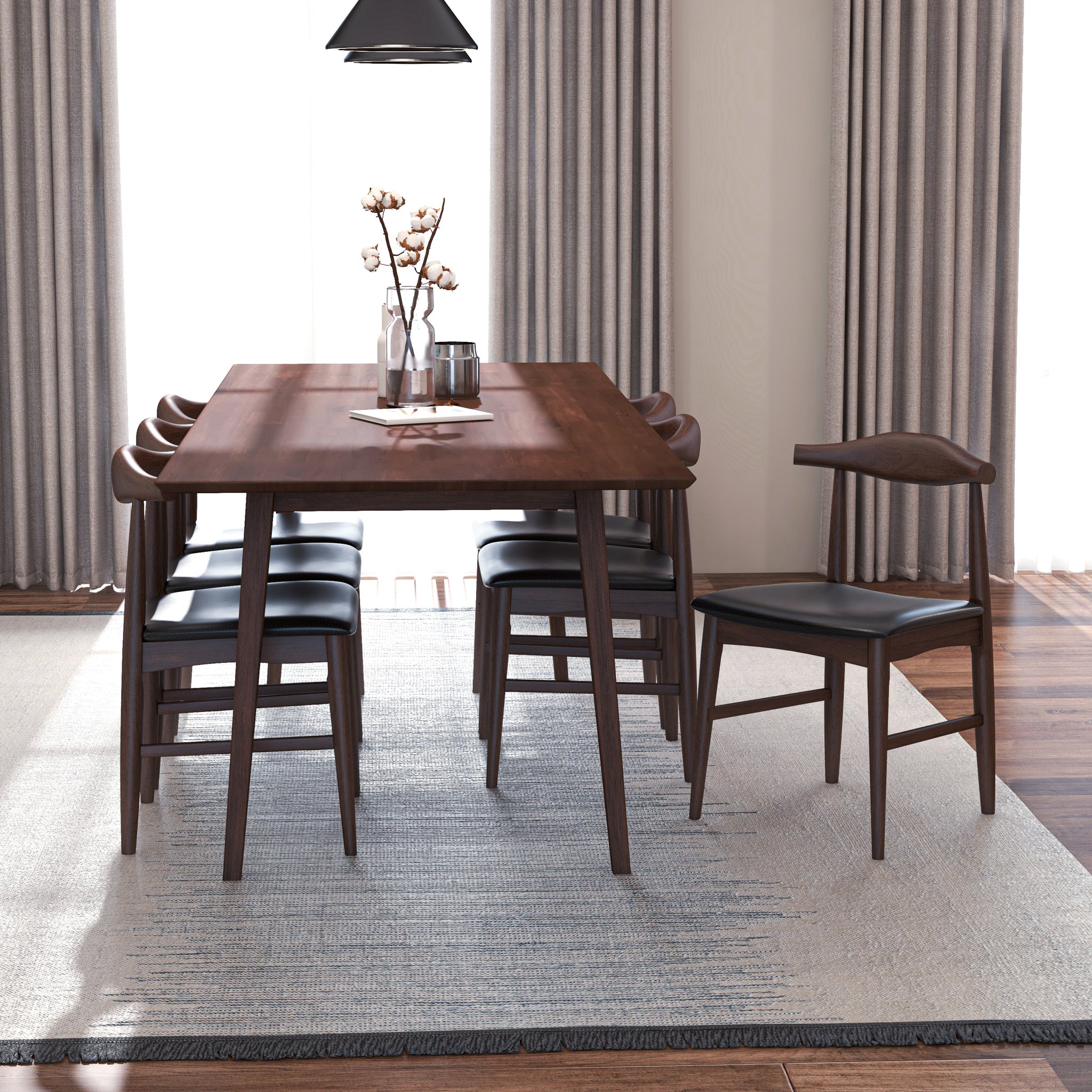 Dining Set, Adira XLarge Walnut Table with 6 Winston Black Leather Chairs