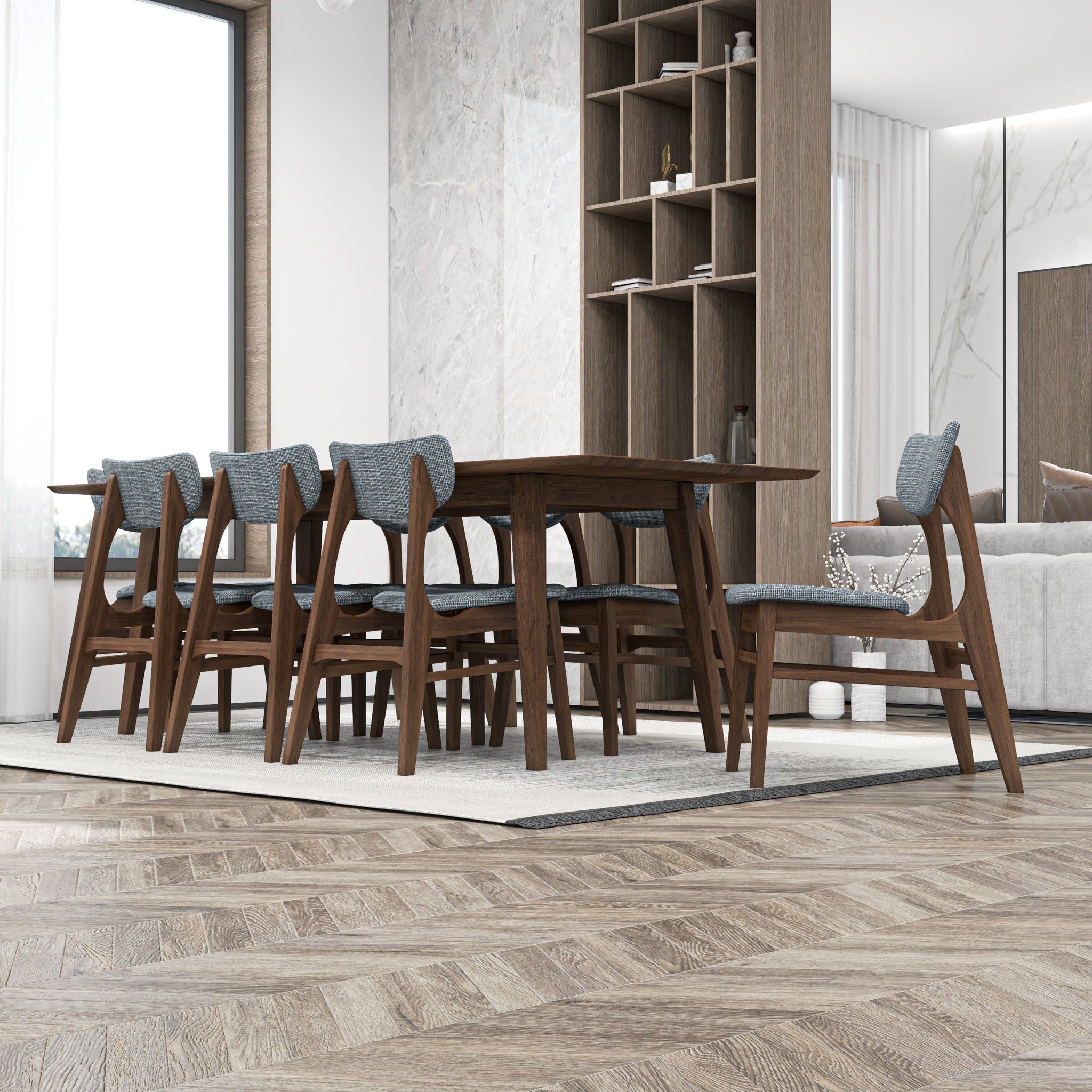 Adira XLarge Walnut Dining Set with 8 Collins Grey Dining Chairs