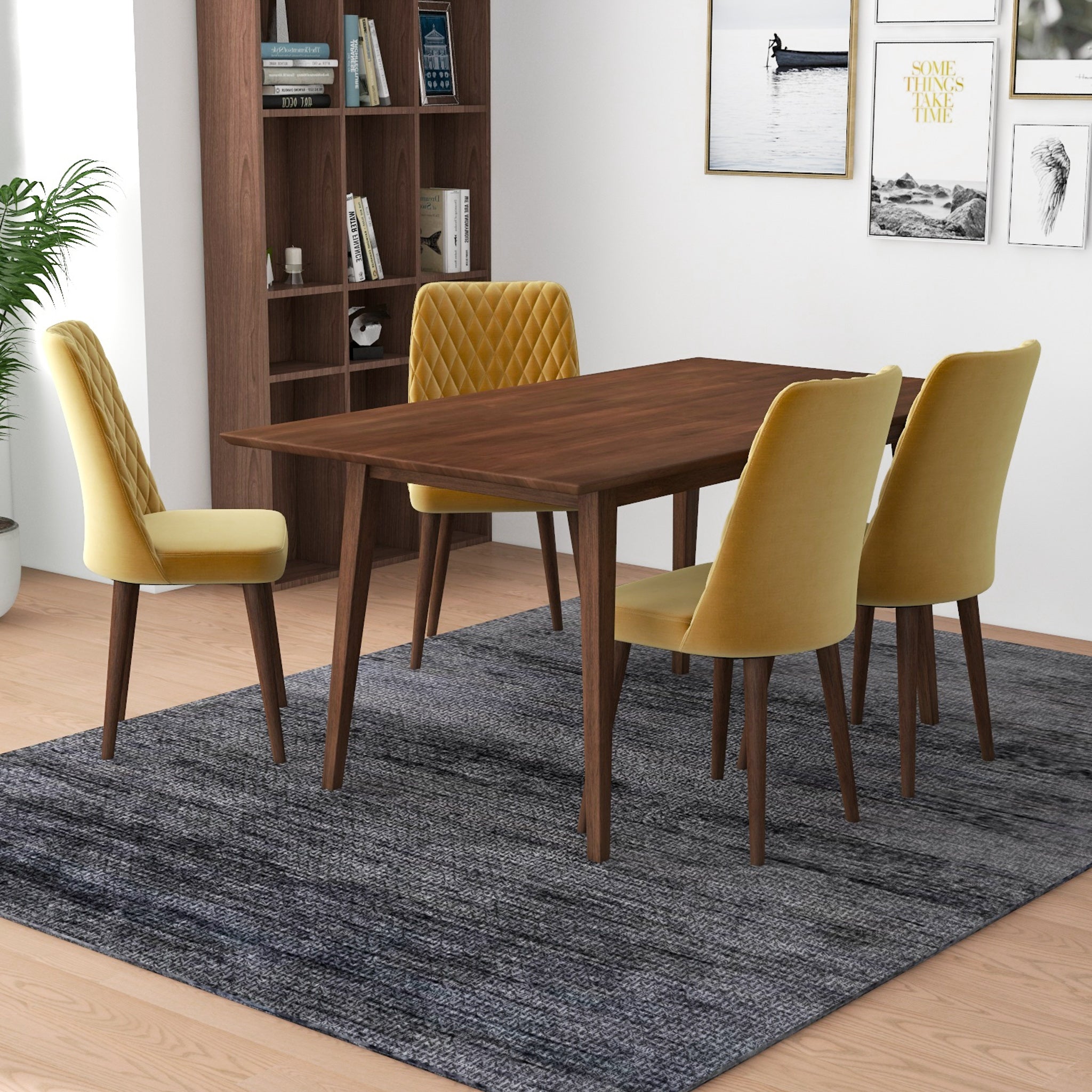 Alpine Large Walnut Dining Set with 4 Evette Gold Velvet Dining Chairs