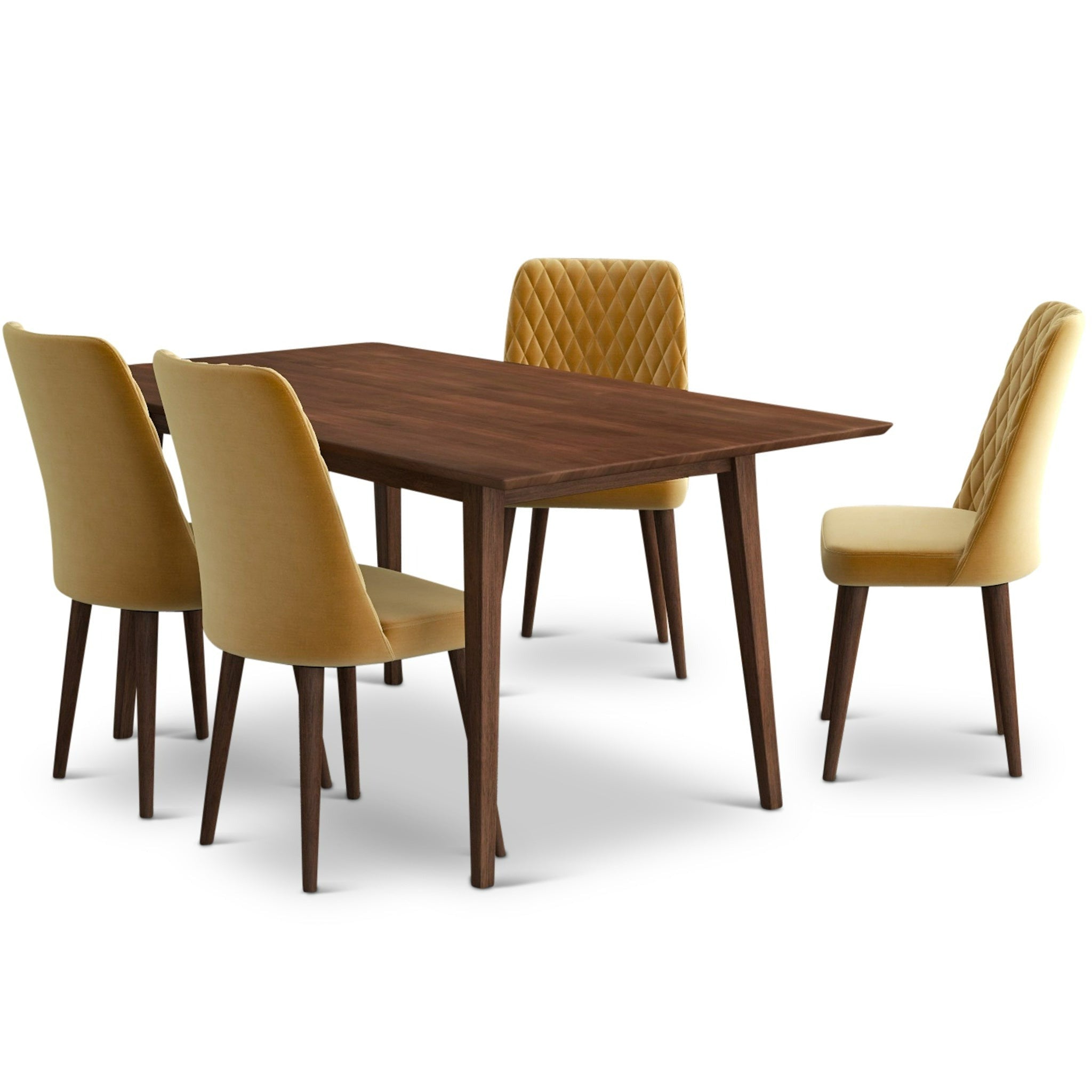 Alpine Large Walnut Dining Set with 4 Evette Gold Velvet Dining Chairs