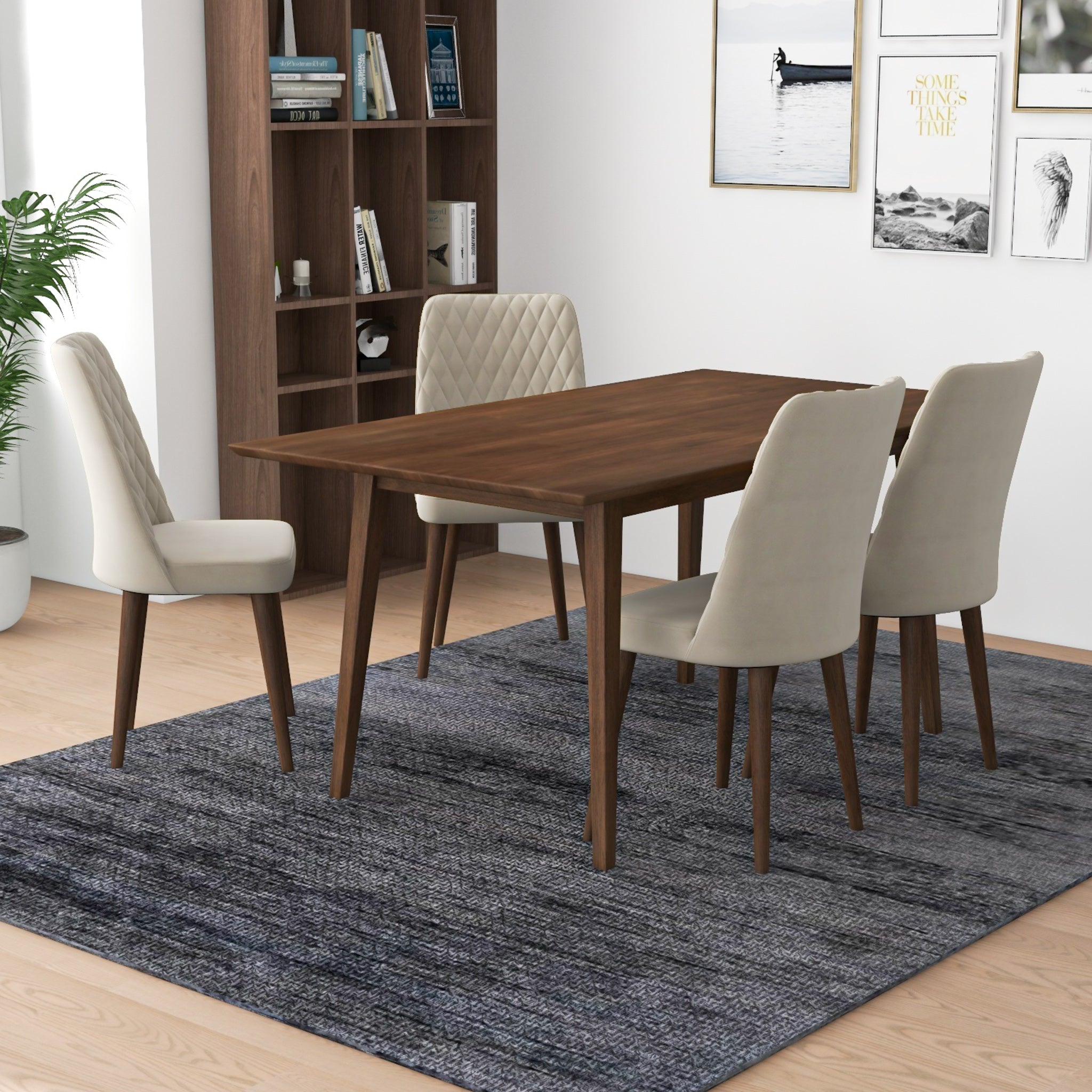 Alpine Large Walnut Dining Set with 4 Evette Beige Velvet Dining Chairs