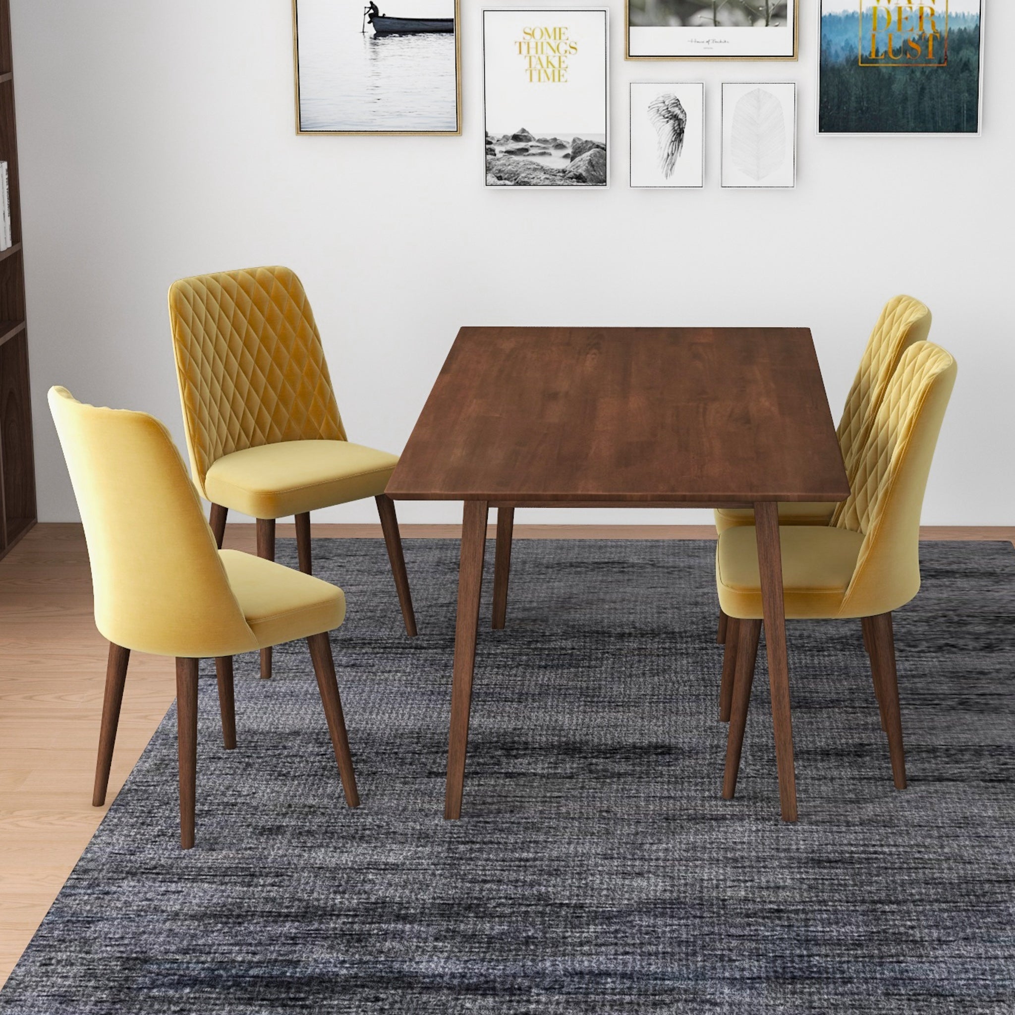 Alpine Large Walnut Dining Set with 4 Evette Gold Velvet Dining Chairs