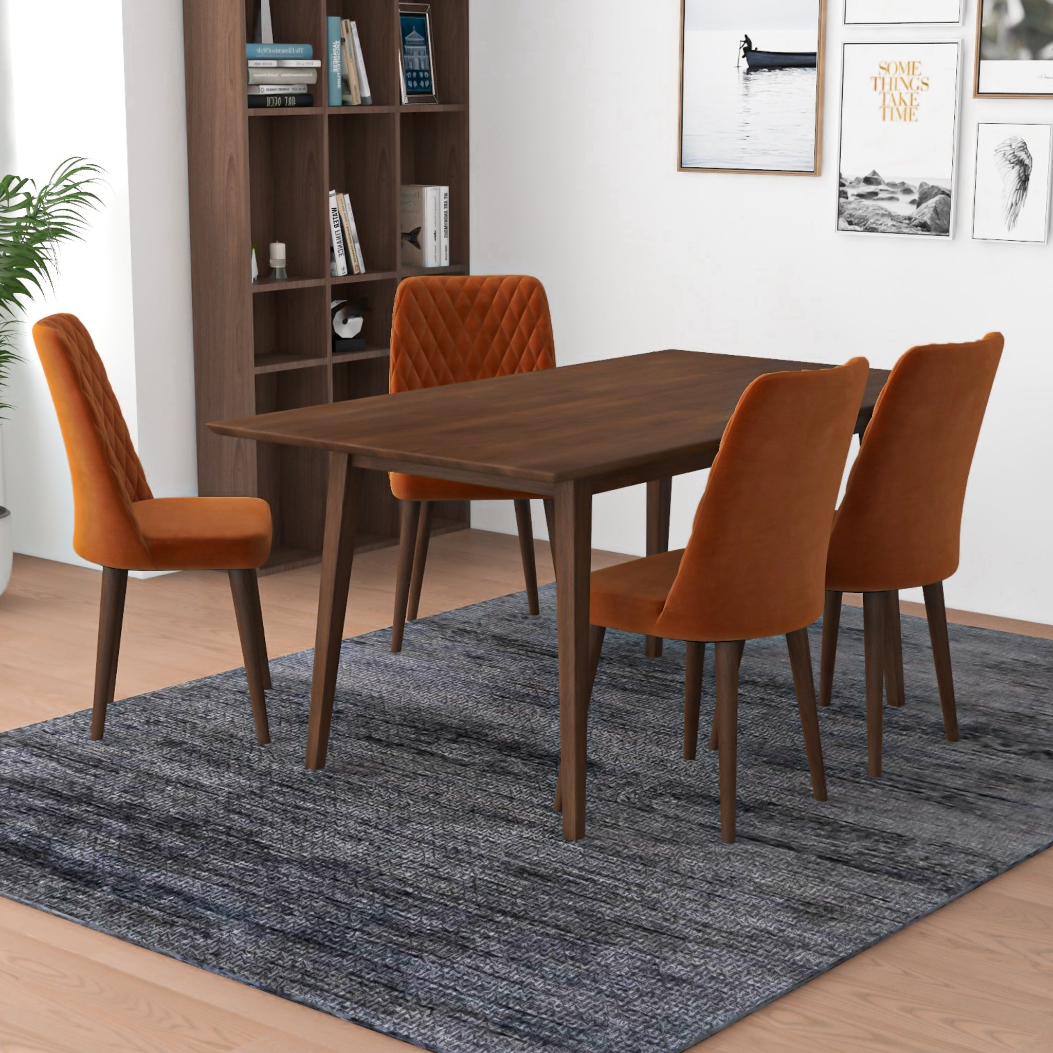 Alpine Large Walnut Dining Set with 4 Evette Orange Velvet Dining Chairs