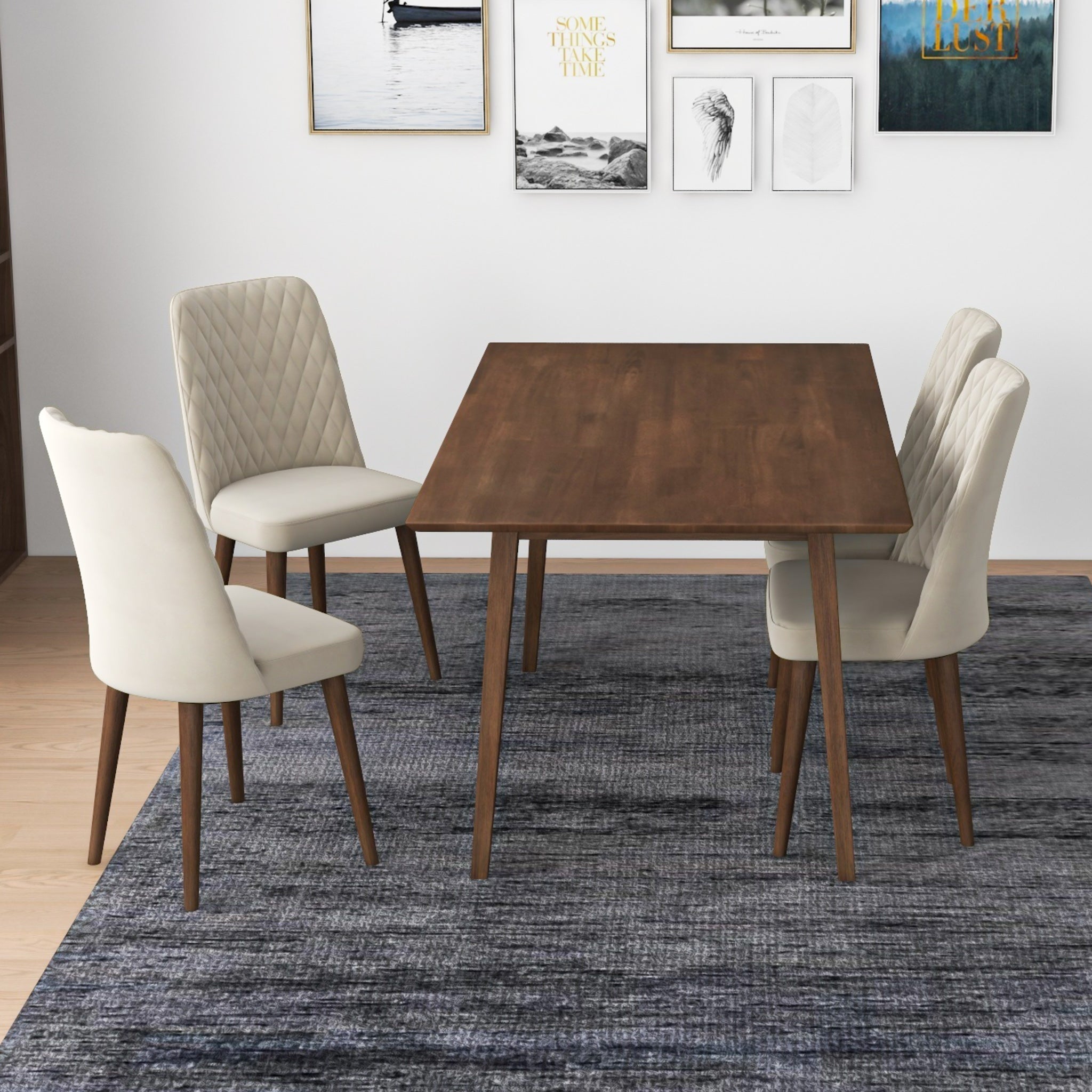 Alpine Large Walnut Dining Set with 4 Evette Beige Velvet Dining Chairs