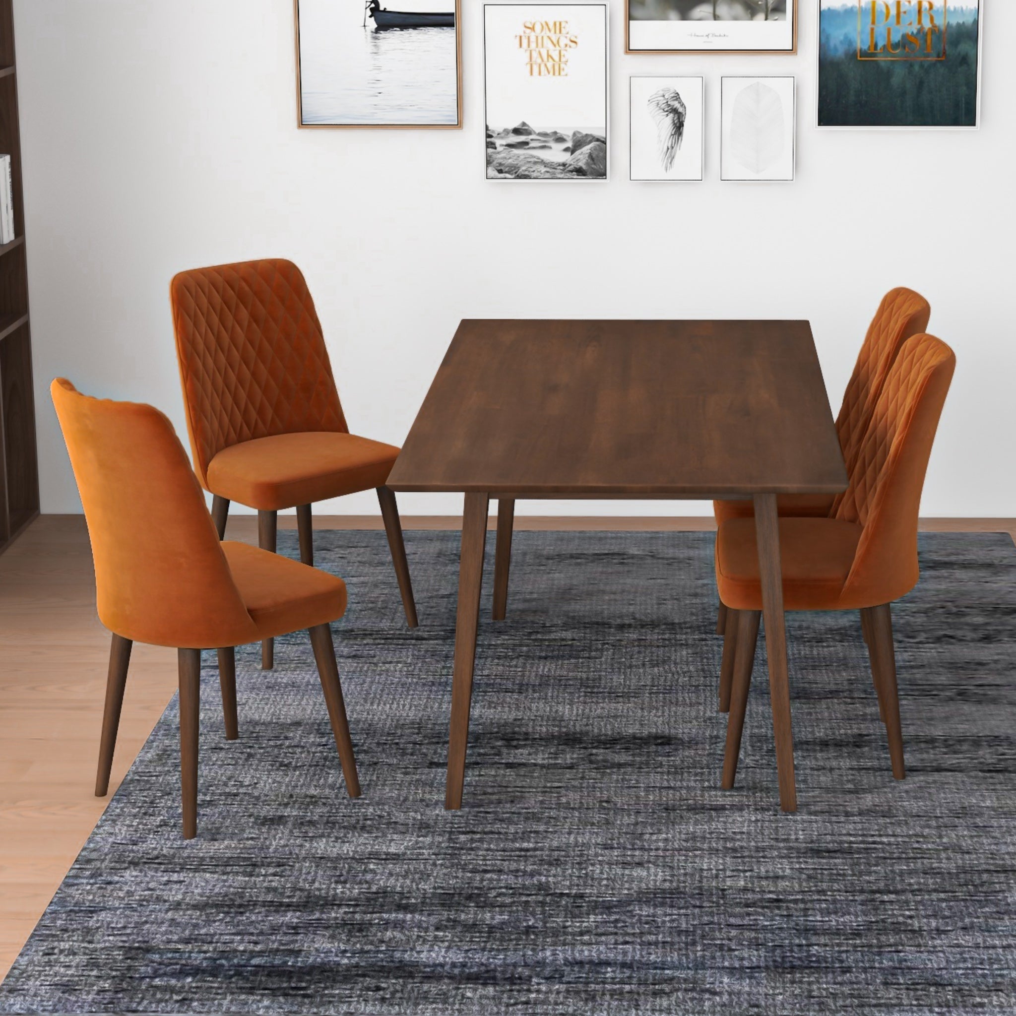 Alpine Large Walnut Dining Set with 4 Evette Orange Velvet Dining Chairs